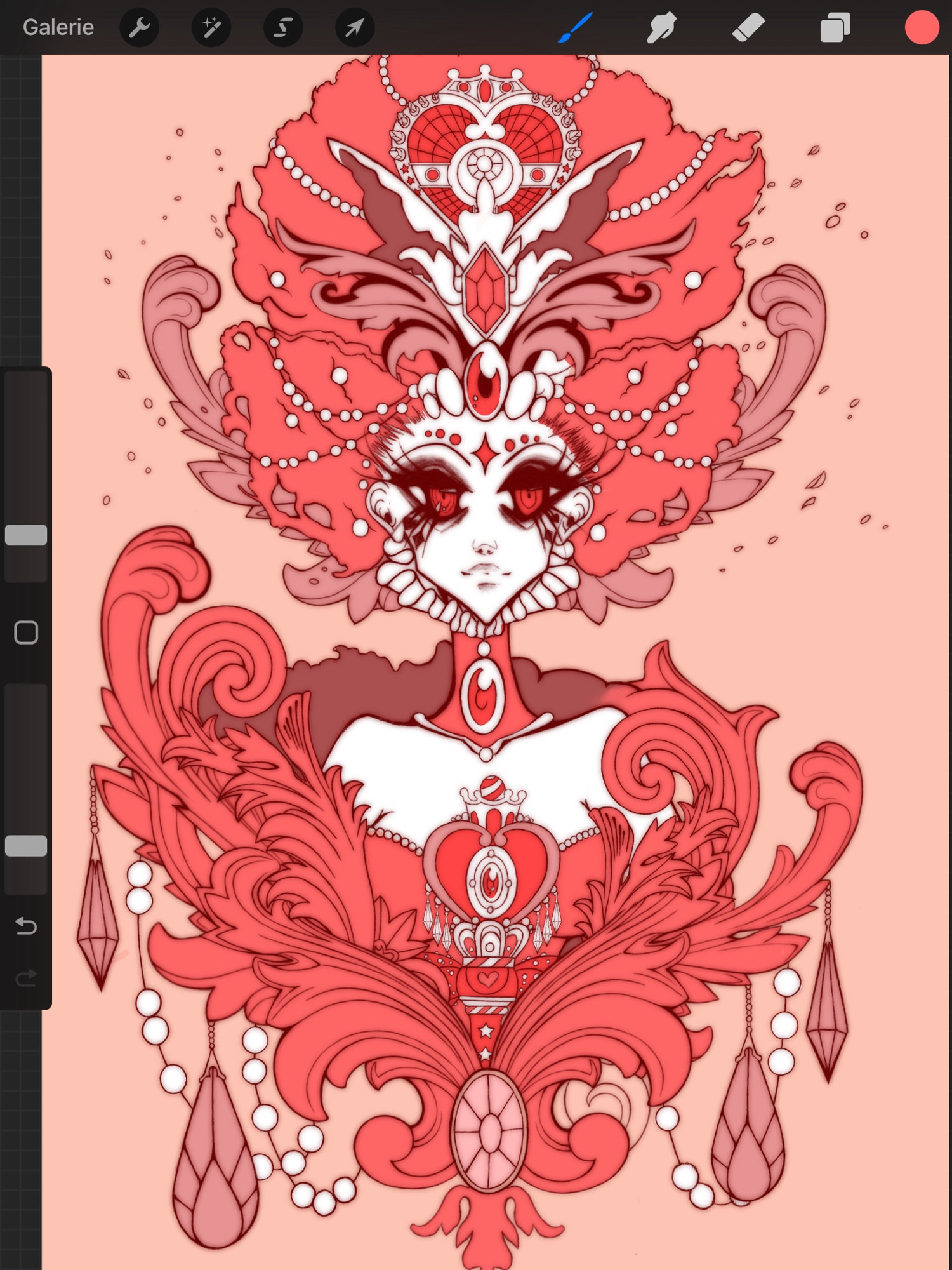 A work in progress if a digital Artwork that MissGeisterhausen has created. It shows a character with huge hair and a lot of baroque ornaments! The character is decorated with pearls, crystals and gemstones. The Artwork is unfinished and is so far coloured in pastel Rosa, Red and white.