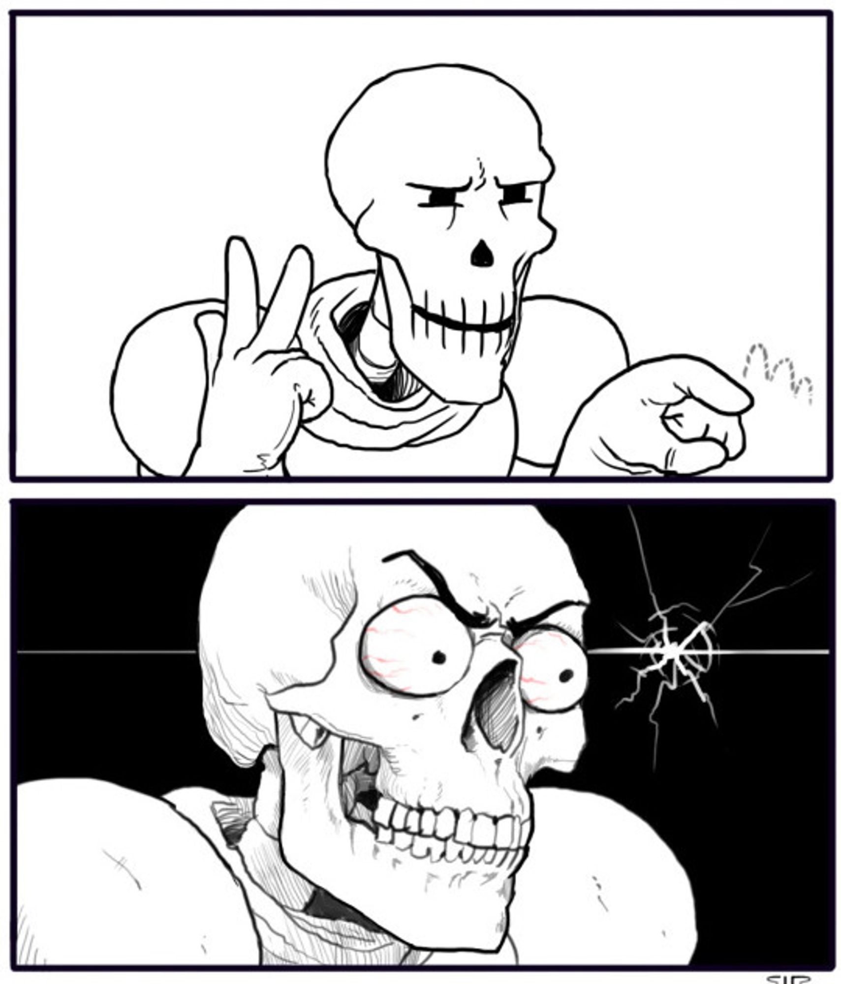 Papyrus Undertale trying to figure something out, then glaring rage so intense he turns photorealistic