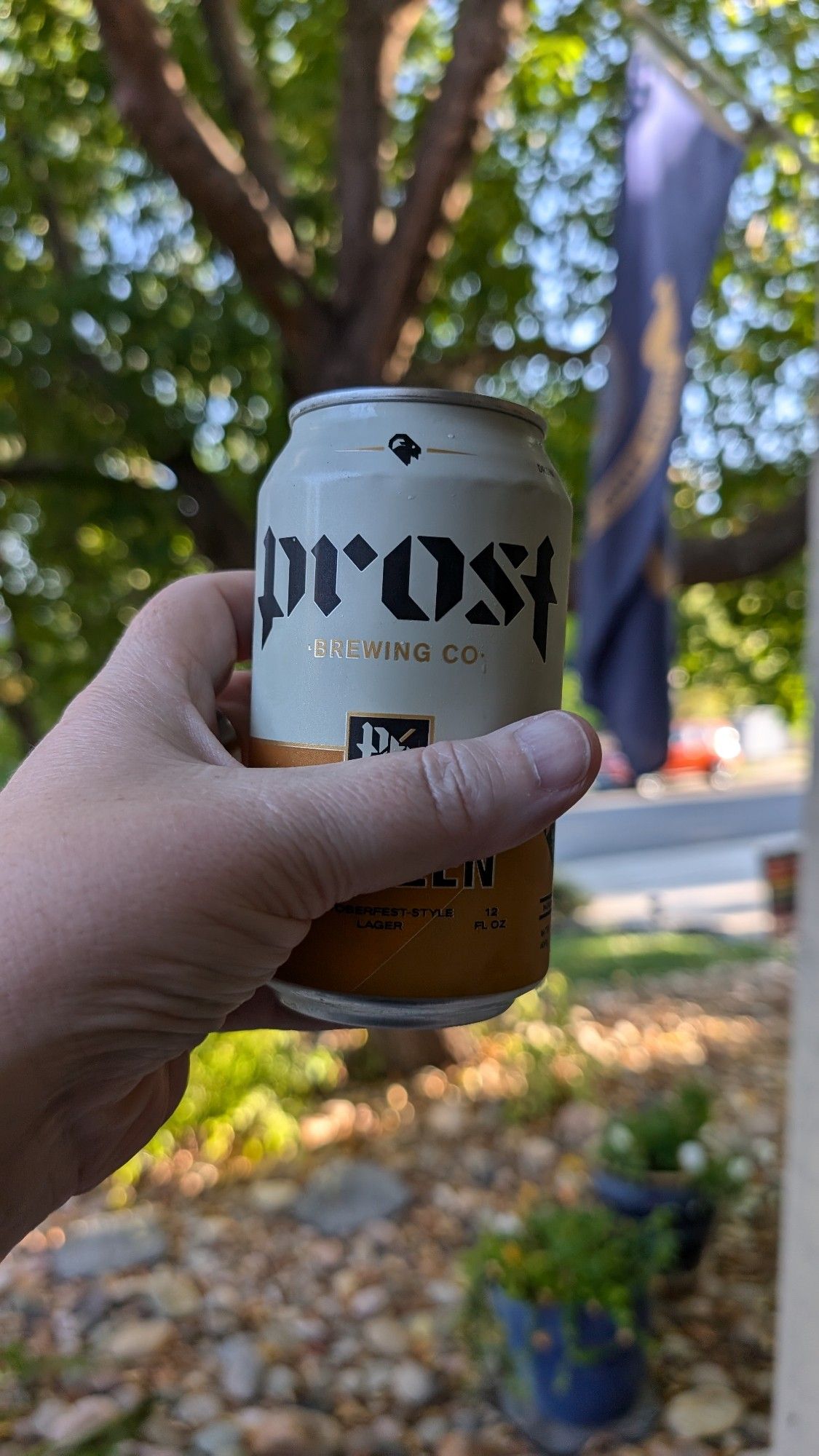 A can of beer is held aloft, in front of a yard in the background which is unfocused in the shot. On the can is the name of the brewery, Prost, which is also the German word for "cheers."