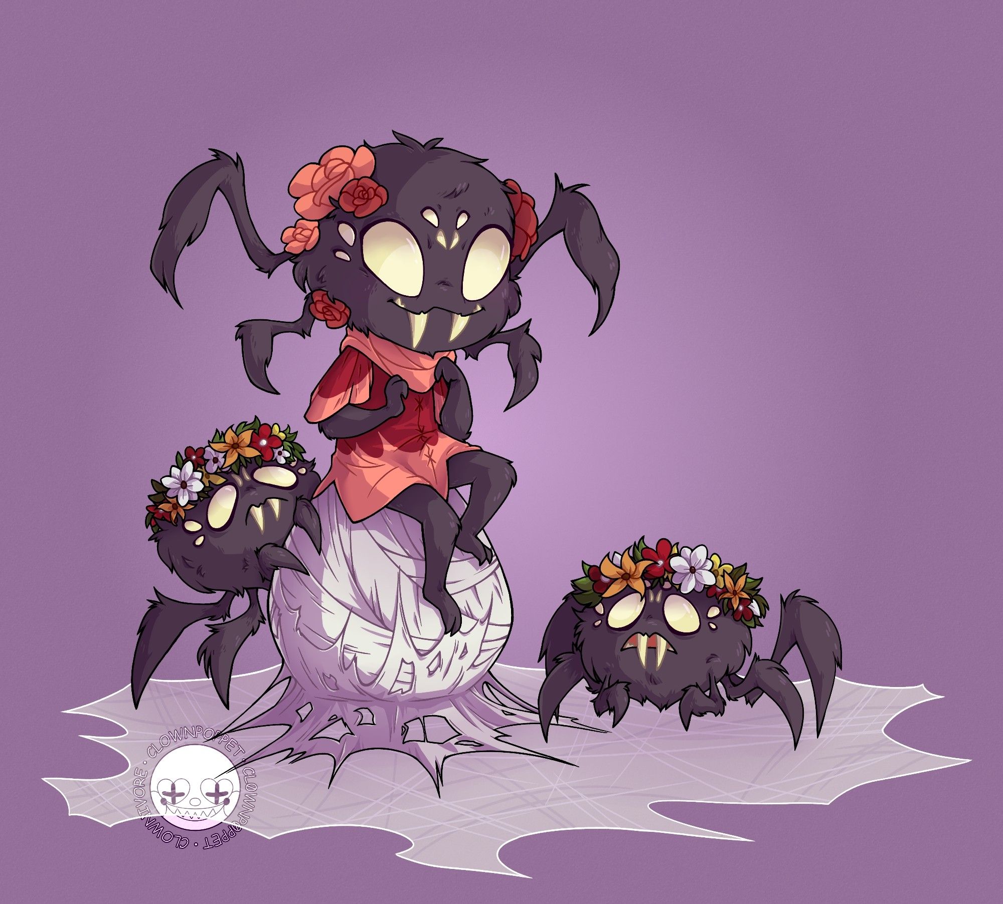 a drawing of webber from don't starve sitting on a spider nest with two other spiders