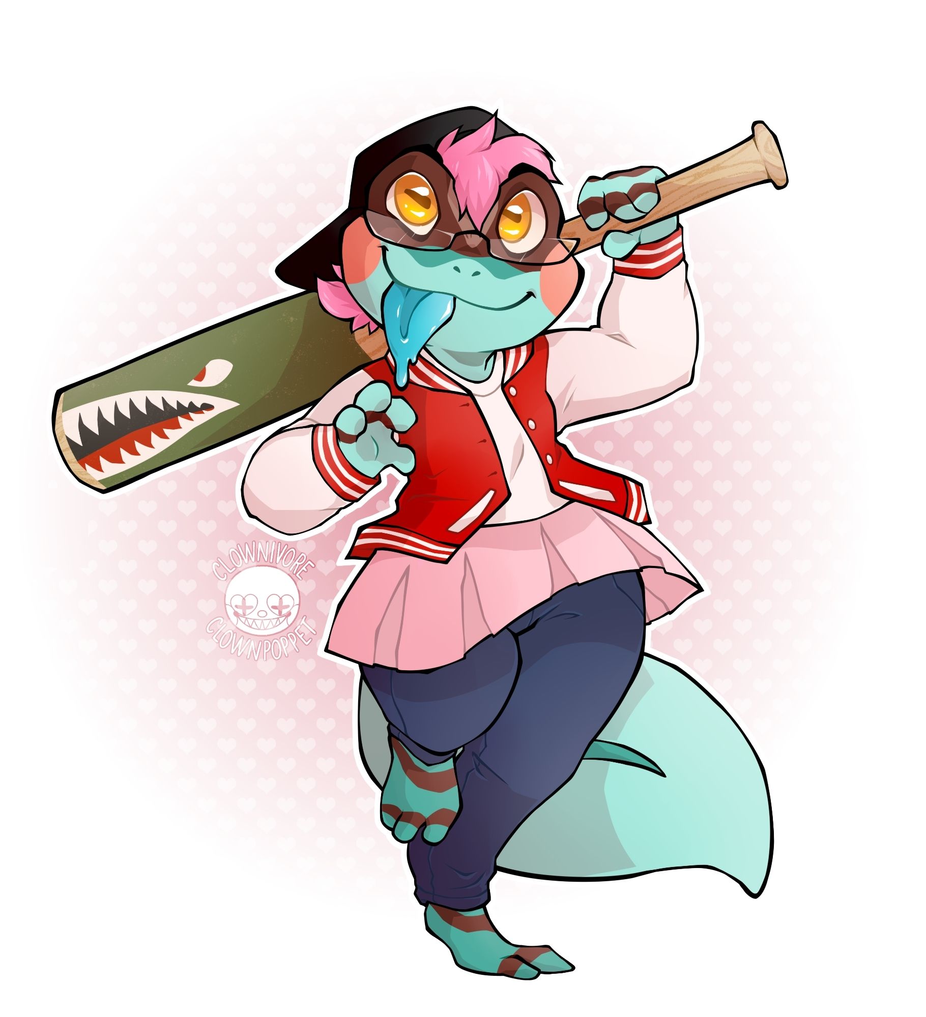 an anthro frog character holding a baseball bat behind their head while sticking their tongue out