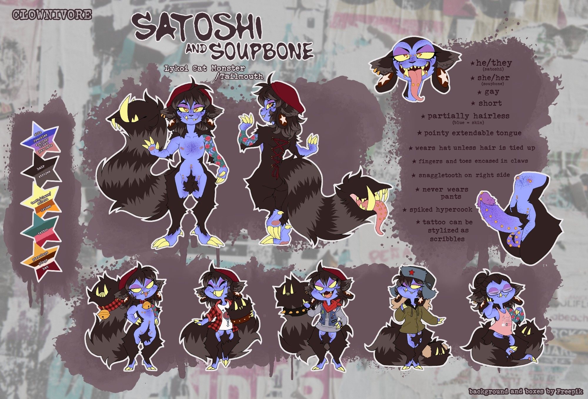 a character reference sheet of satoshi, a blue and black tailmouth cat character. it has a front and back drawing, a headshot, a torso shot, and 5 chibis showing different outfits. text reads "SATOSHI AND SOUPBONE

Lykoi Cat Monster /Tailmouth

he/they (satoshi) she/her (soupbone)

gay

short 

partially hairless (blue = skin)

pointy extendable tongue

wears hat unless hair is tied up

fingers and toes encased in claws

snaggletooth on right side

never wears pants

spiked hypercock

tattoo can be stylined an scribbles"