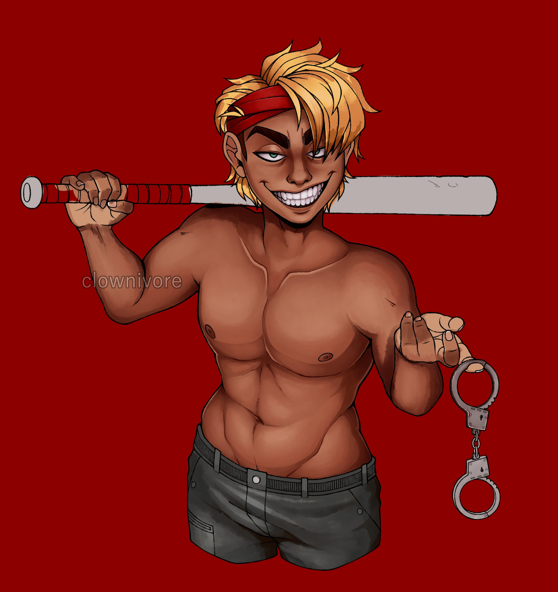 an unfinished partially rendered drawing of derek goffard from the price of flesh. the drawing is from the hips up. he is shirtless and holding a baseball bat behind his head in one hand and dangling handcuffs from the other while smiling at the camera