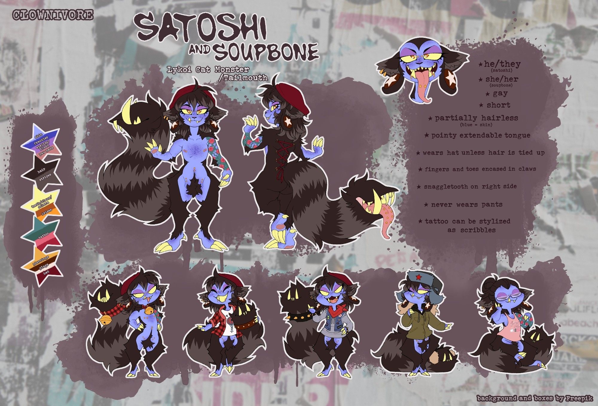 a reference sheet for satoshi the lykoi cat monster and soupbone the tailmouth