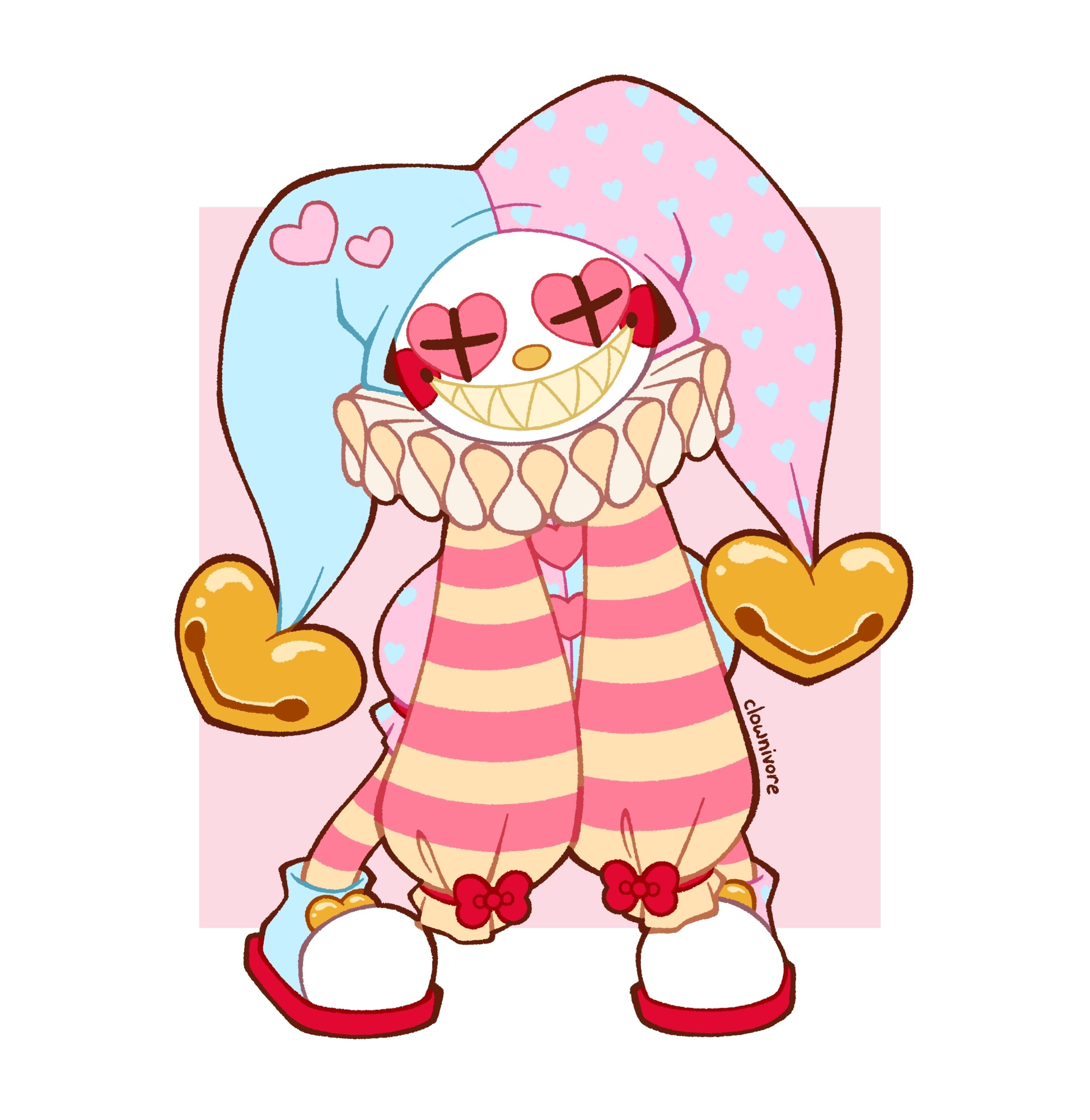 a drawing of a pastel coloured clown doll character looking straight ahead at the viewer with its arms dangling between its legs