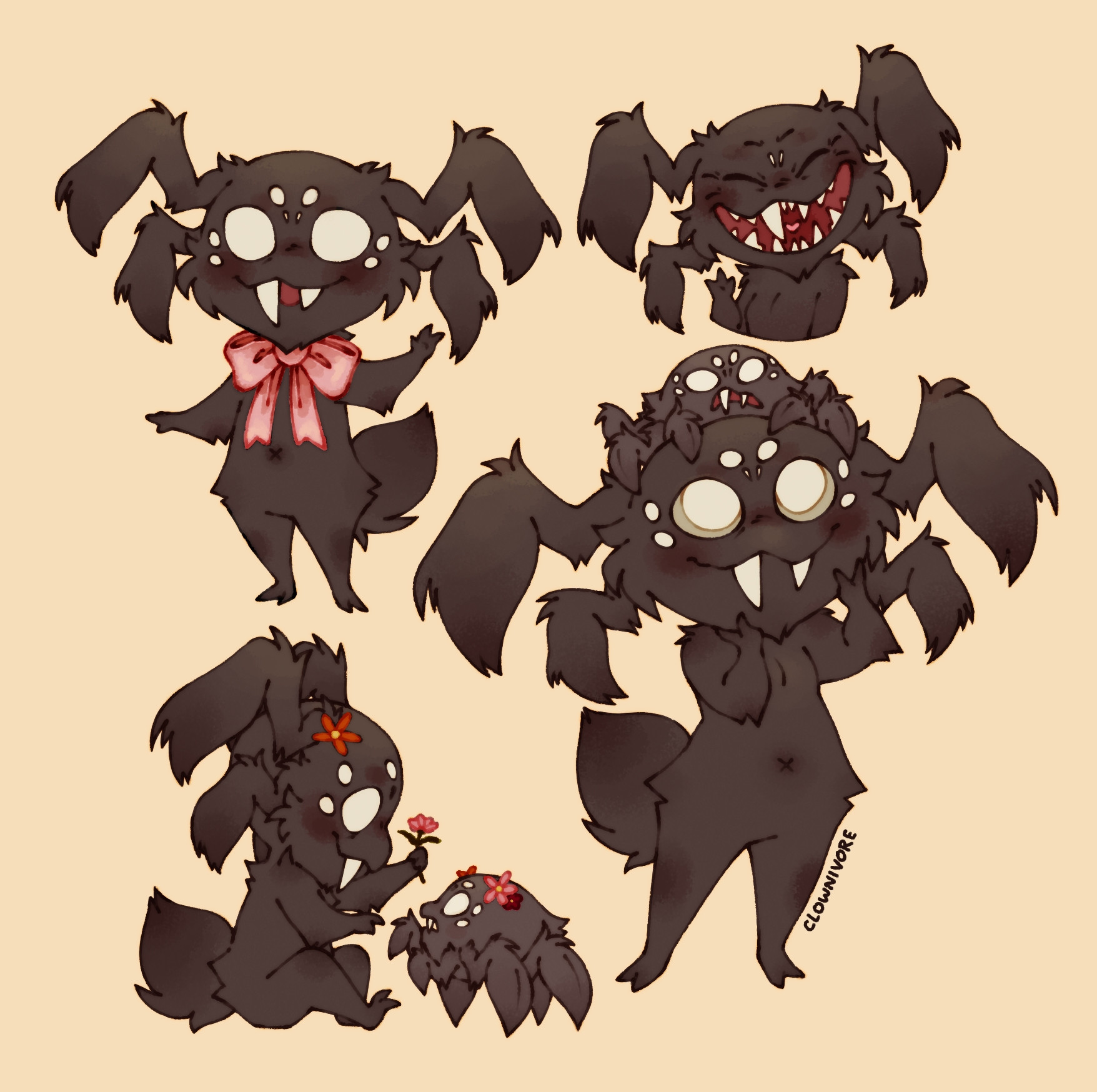 multiple drawings of webber from don't starve on a pale yellow background. him standing and waving while wearing a pink bow, a bust of him closing his eyes and waving with a big smile on his face, him sitting on the ground with a flower in his hair putting flowers in a spider's hair, and him standing with his hands on his cheeks and a spider riding on his head