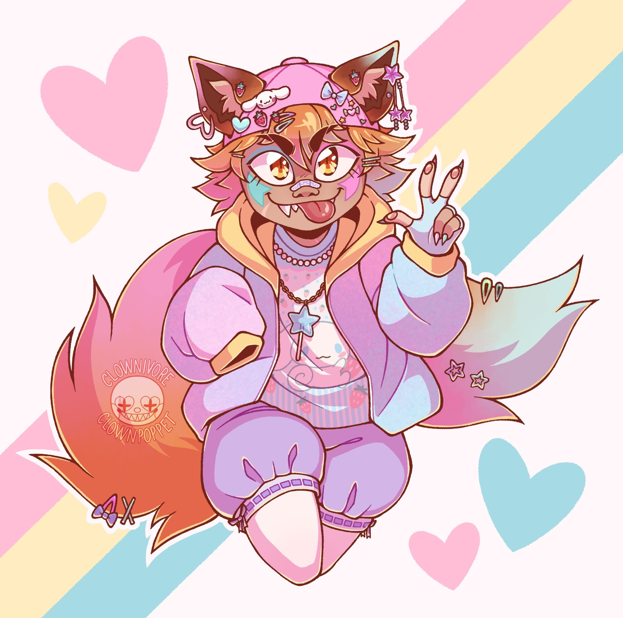 a drawing of ren hana in fairy kei clothing, sticking his tongue out and making a peace sign