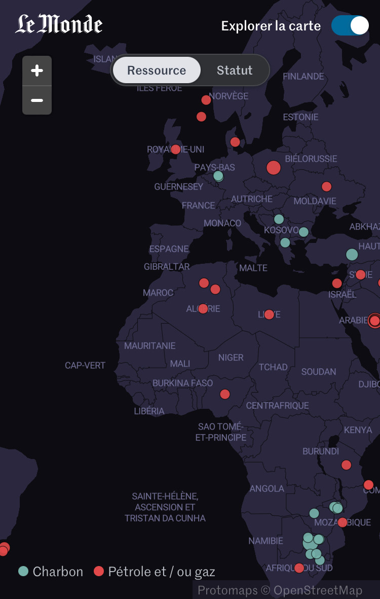 La carte interactive des Bombes Carbone, lorsque le mode exploratoire est activé. Retrouvez notre récit complet sur lemonde.fr.