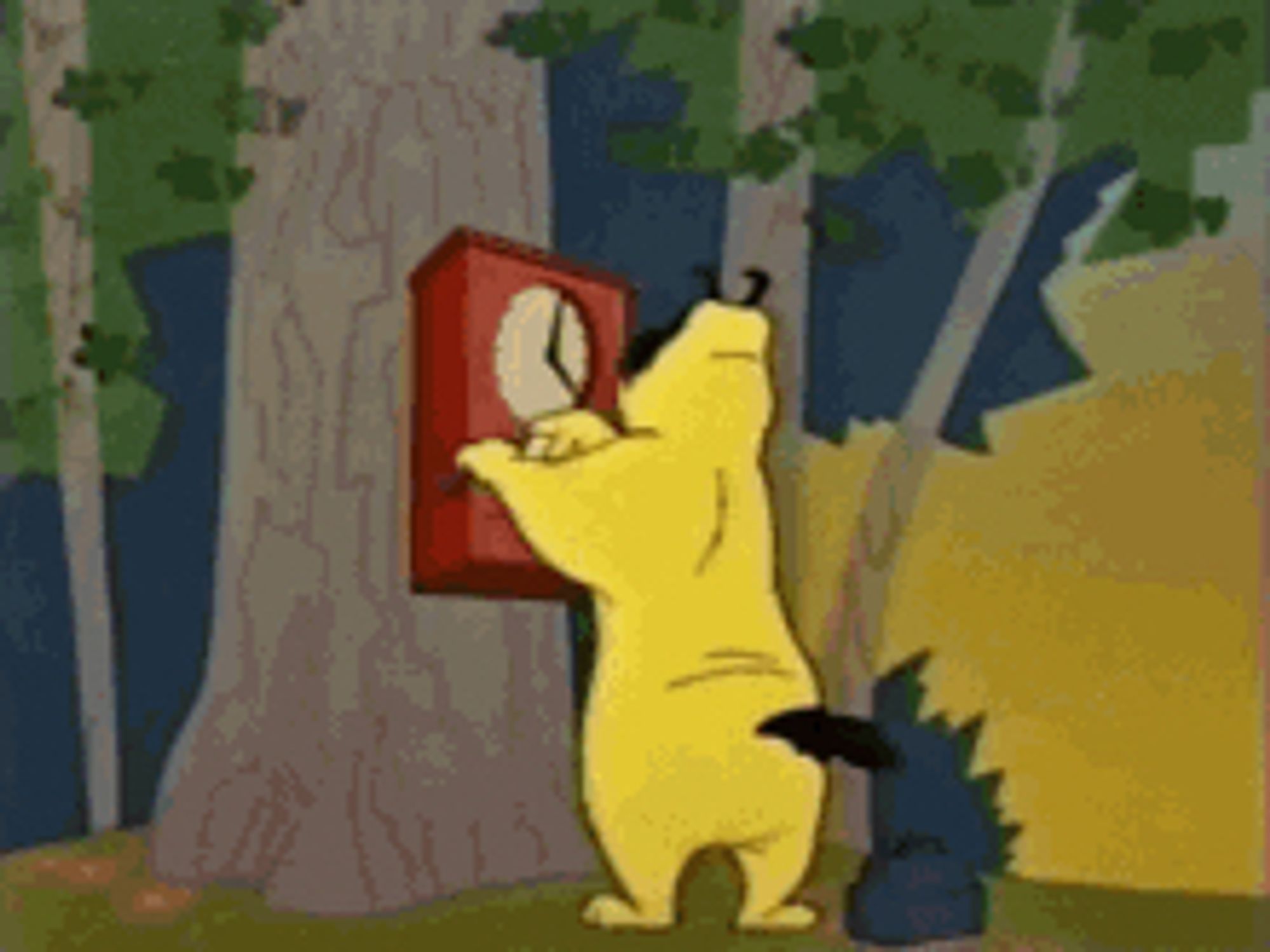 A yellow cartoon dog clocks in at a tree in the middle of a forest.