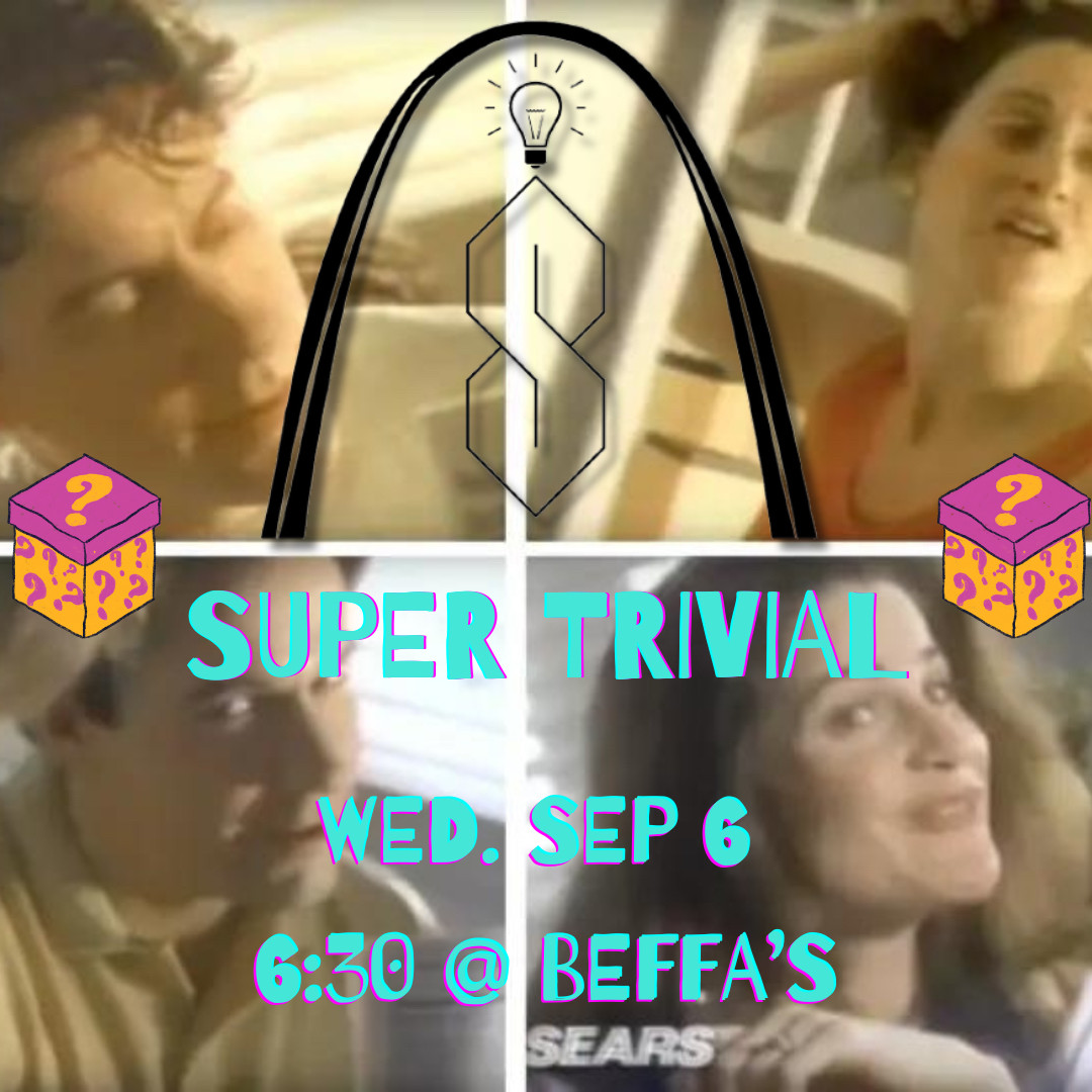 Super Trivial trivia on Wednesday, September 6th at 6:30 PM at Beffa’s. Image includes the Super Trivial logo, mystery box icons, and images from the iconic 1990s Sears air conditioning commercial.