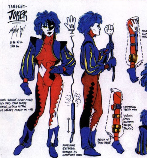 Earth-9's Joker, an asymmetrical anti-cop harlequin whose huge puffy arms are loaded with gadgets she can launch (throwaway gags).  "Think Jackie Chan mixed with Pris from Blade Runner, with a little Jim Carrey mixed in."