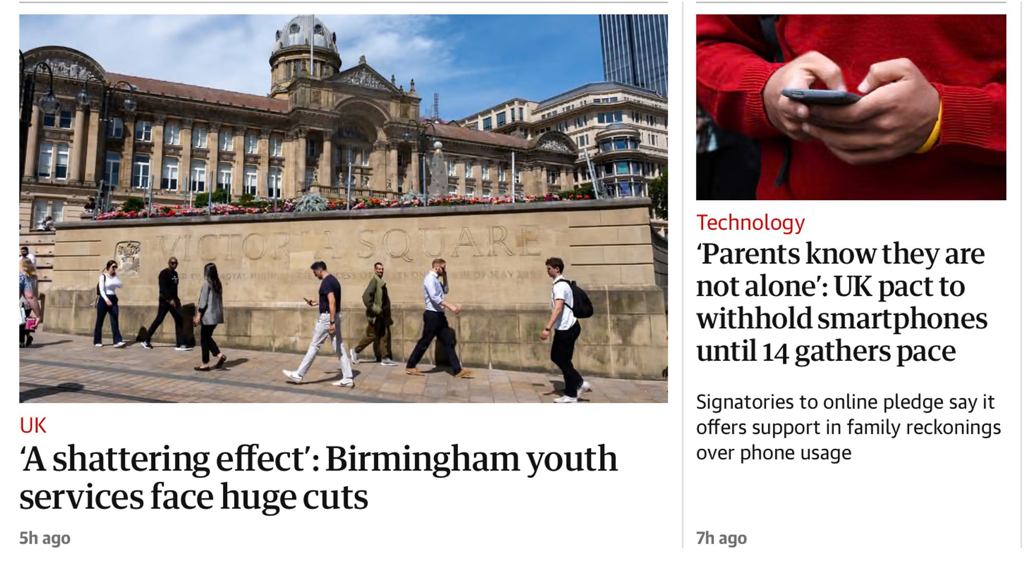 Two newspaper headlines: severe cuts to urban youth services, and parents want to stop children having smartphones until they're 14.