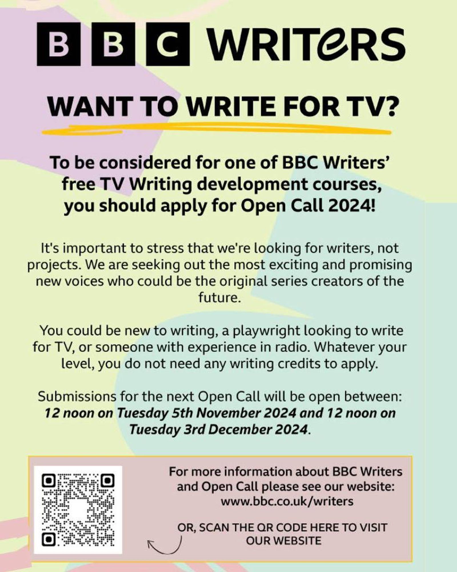 Information on the BBC open call for new tv writers - apply via www. bbc. co. uk / writers