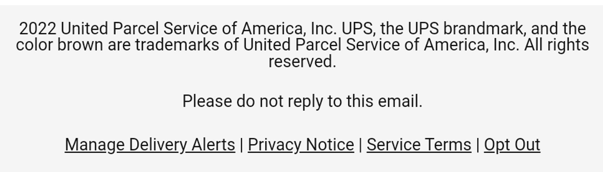 a text at the end of an email reading that the color brown is a trademark of the United Parcel Service of America