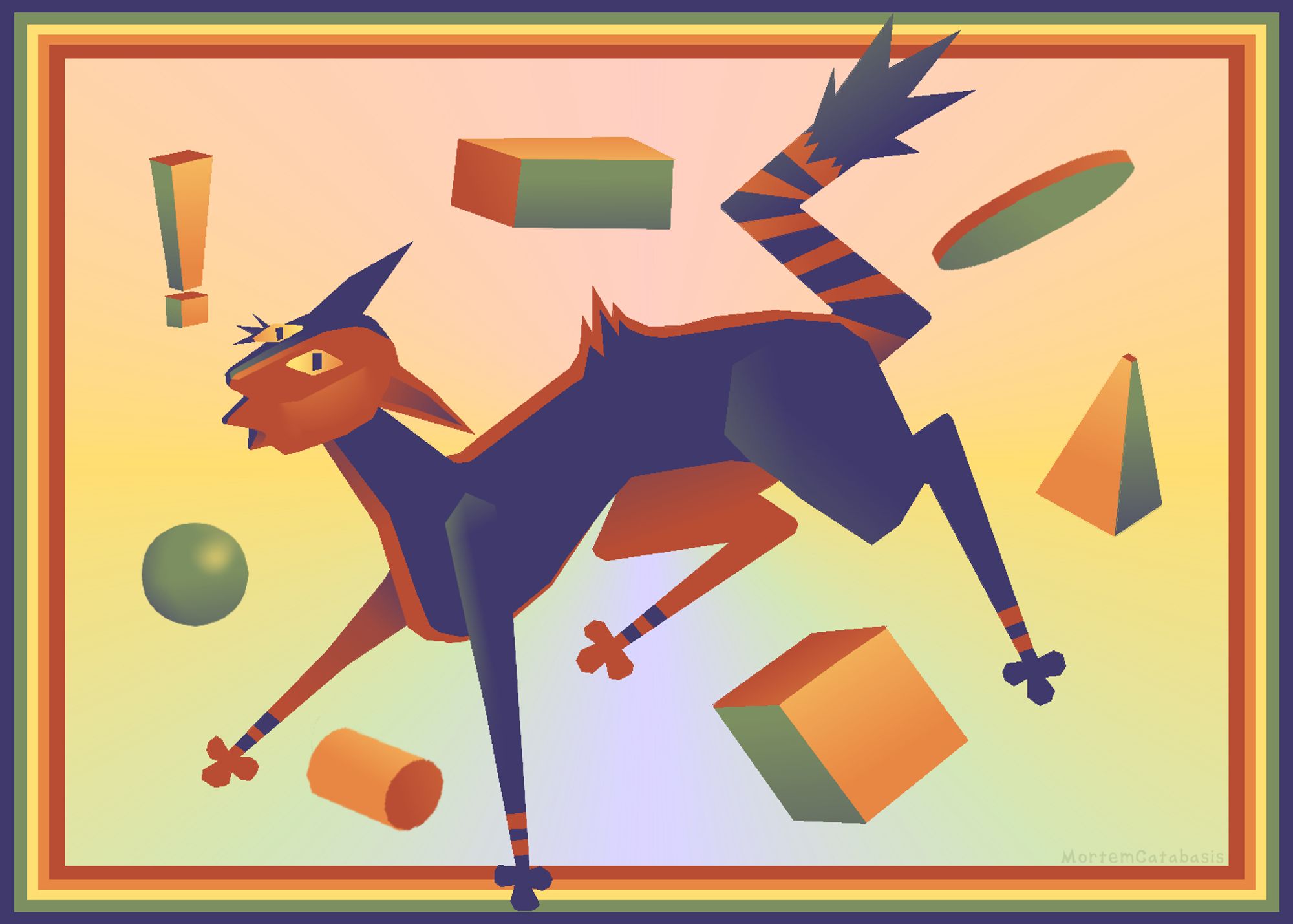 a rectangle aspect digital drawing of a heavily stylized sphinx with red and blue fur, its face has a dumbfounded expression with an " !  " next to its head and is in a startled cat type pose. There's 3d shapes surrounding it and the background has a de-saturated rainbow border with a pastelized conical gradient filling the center.