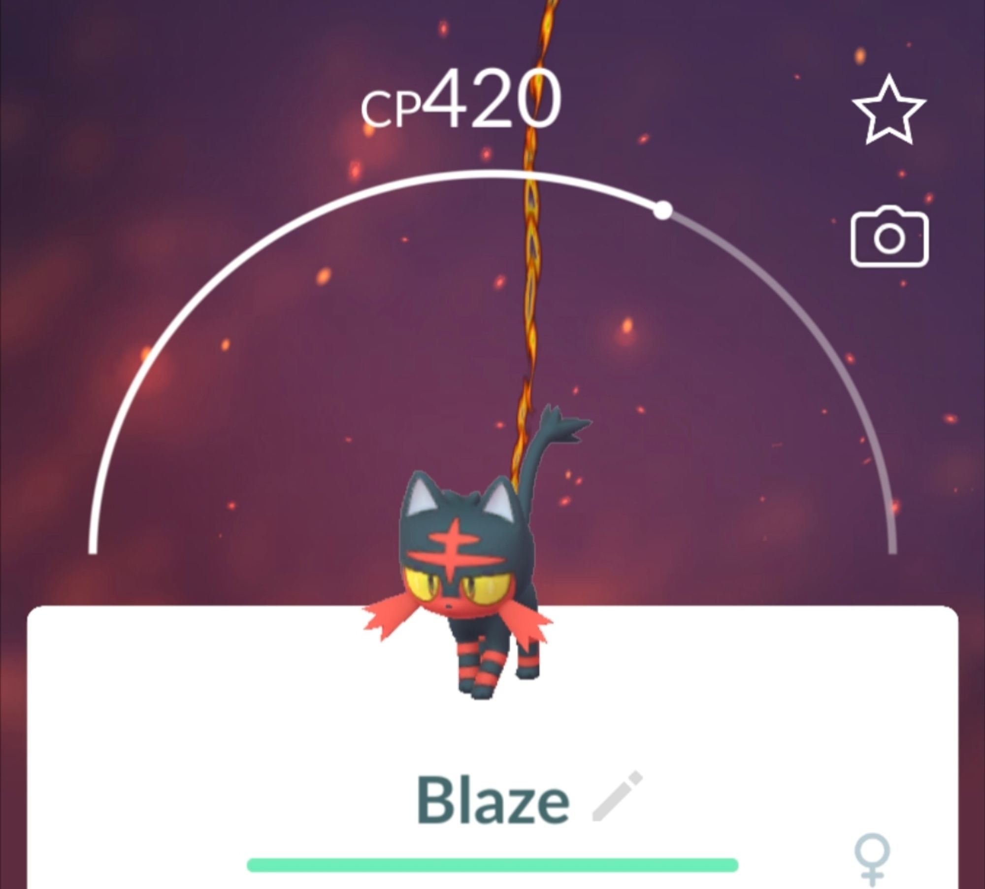 a Pokemon Go screenshot featuring a Litten named Blaze that has a Combat Power level of 420