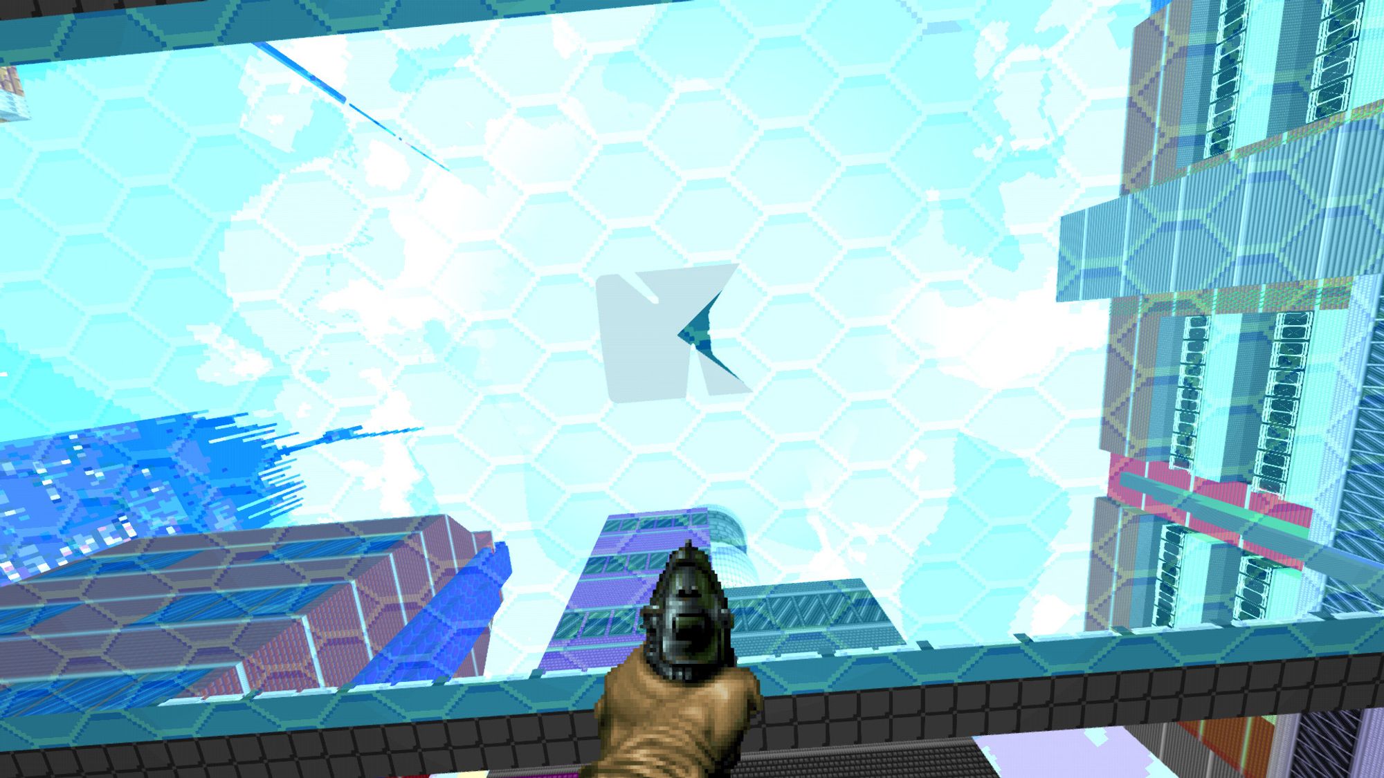 A screenshot of Doom. Doomguy is looking through a hexagonal-patterned glass floor at the ceiling, looking at the top of the sky. An unexplained black wedge hangs ominously overhead.