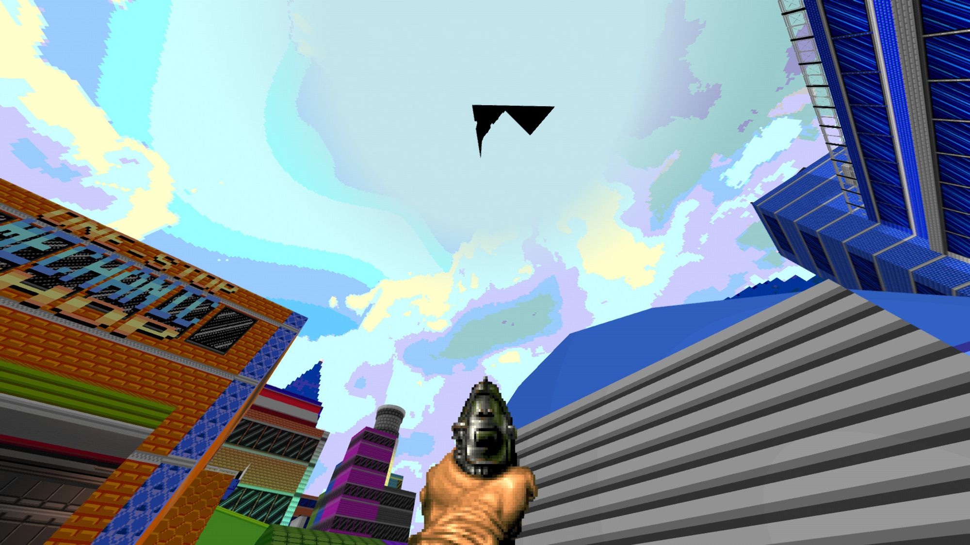 A screenshot of Doom. Doomguy is standing in a colourful city, and looking at the menacing geometric hole/glitch in the sky.