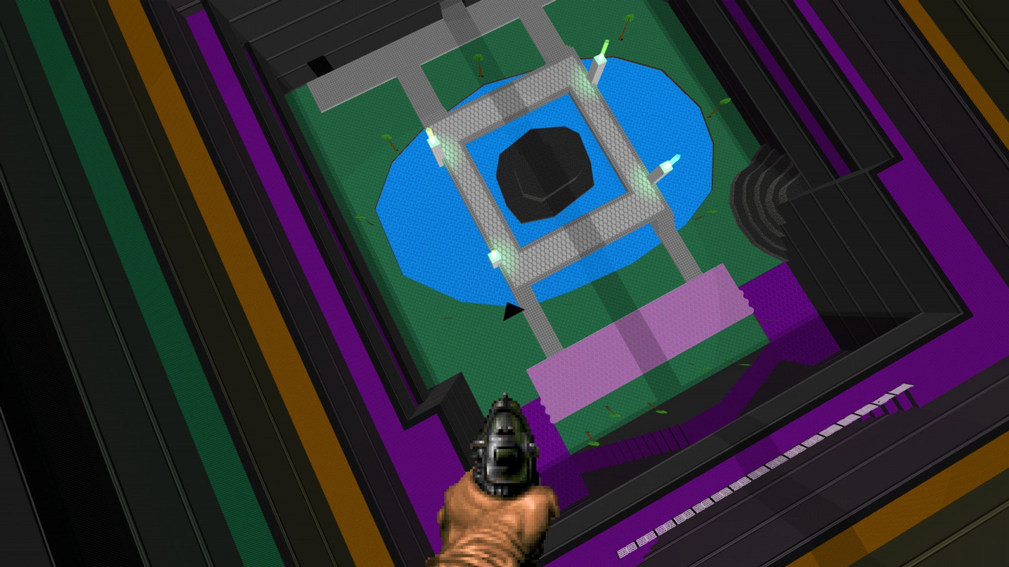 A screenshot of Doom. Doomguy is looking down into the plaza of an apartment tower, gazing at the inexplicable black triangle through the ground.