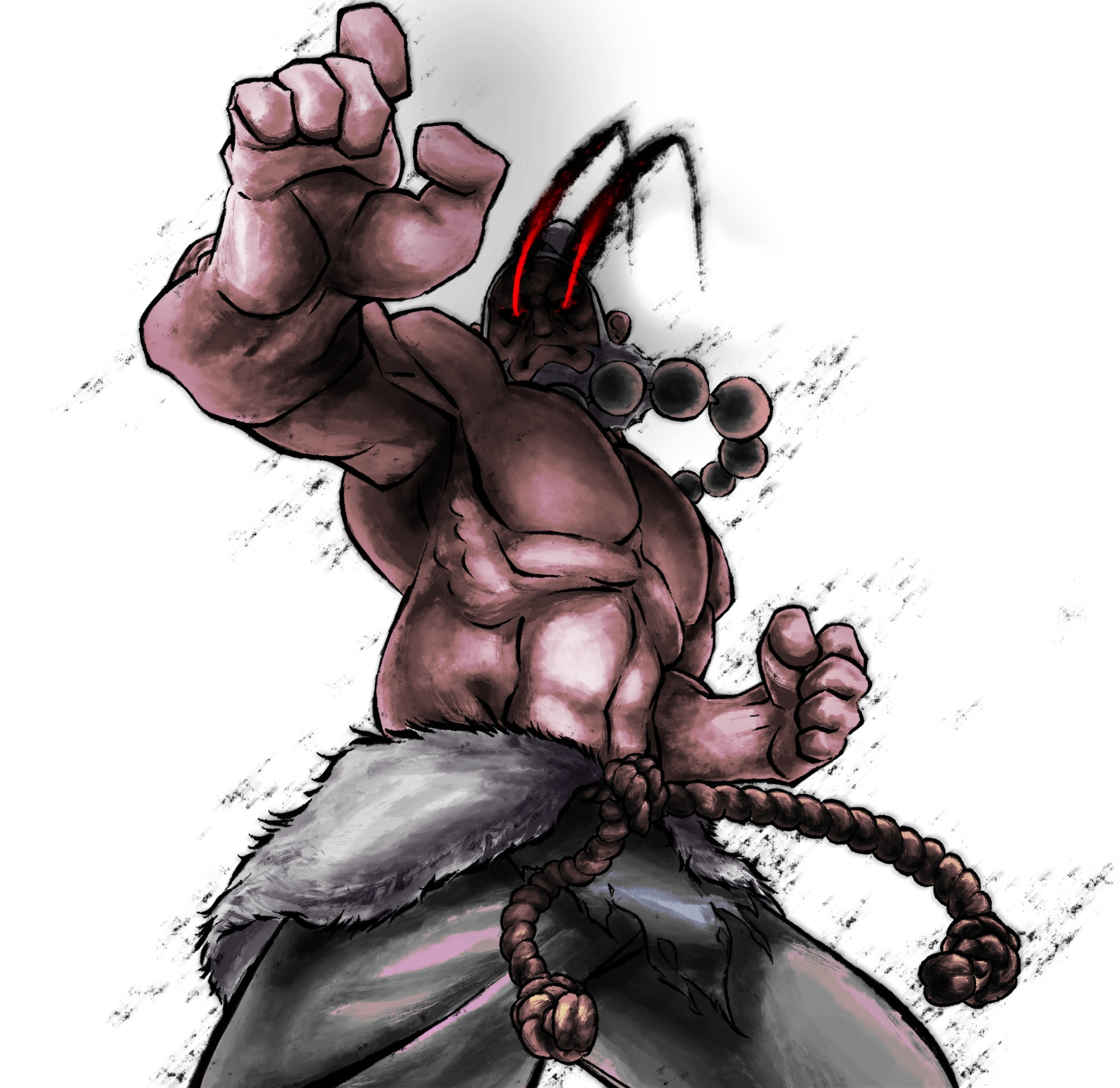 akuma from streetfighter 6 with red eyes in a ink pain artstyle