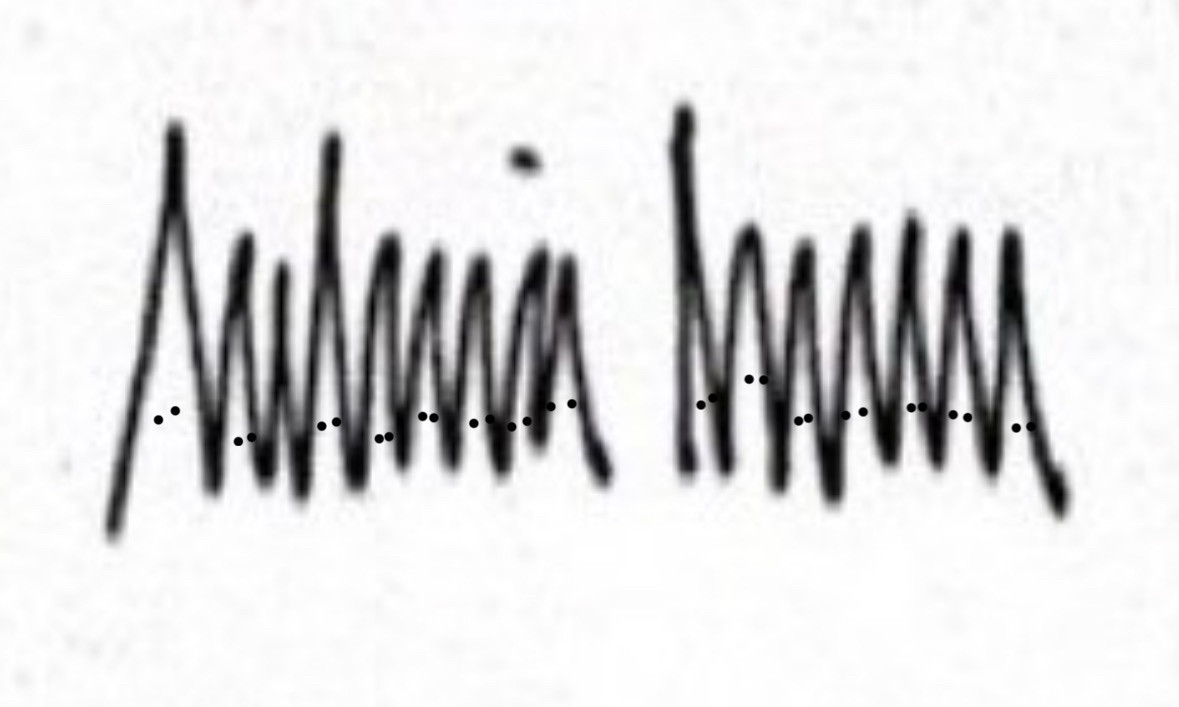 Melania Trump’s signature zoomed in with black dots resembling eye holes in each pointy-hood-shaped letter.
