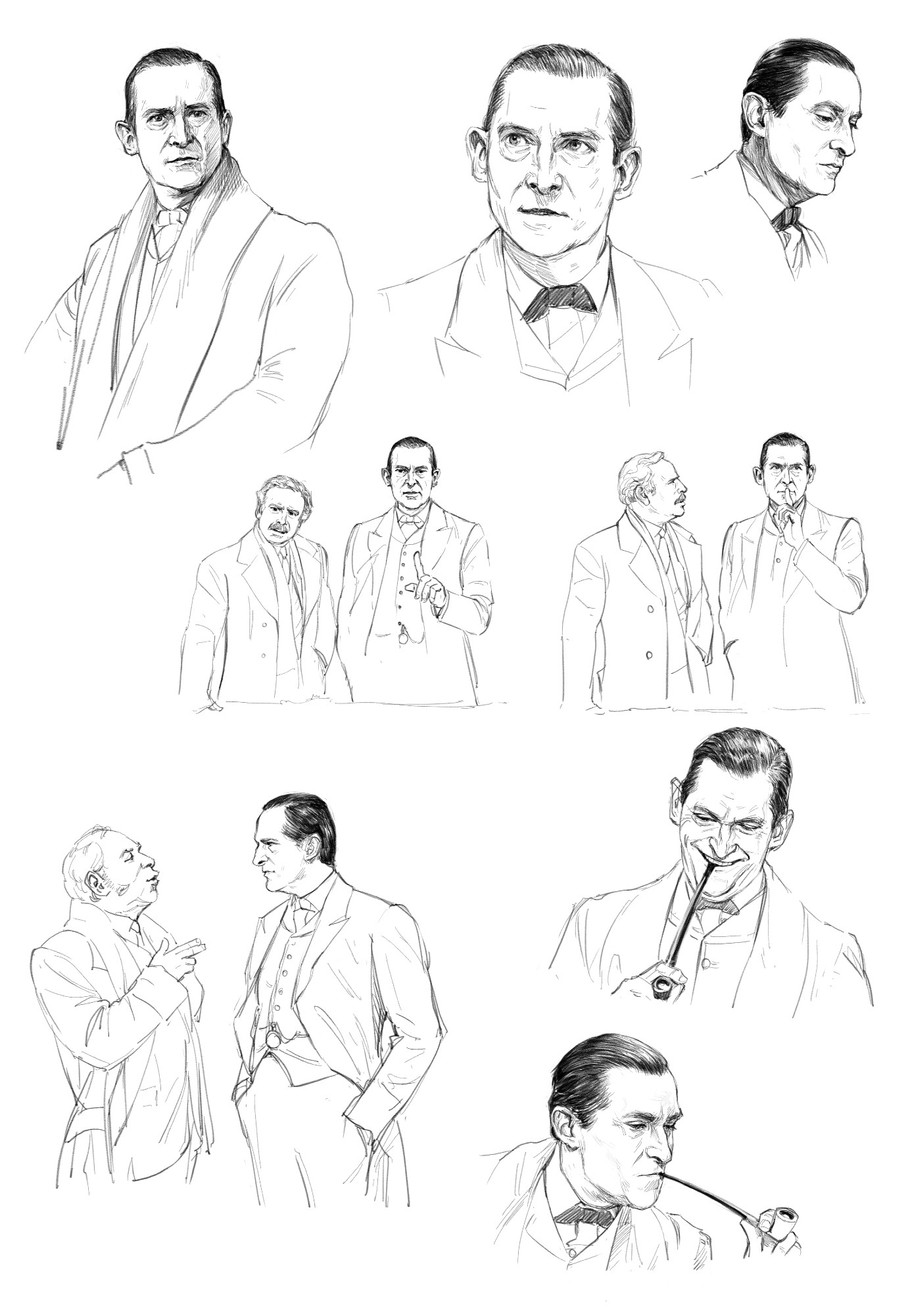 Various sketches of Jeremy Brett as Sherlock Holmes, featuring Dr. John Watson and inspector Athelney Jones.