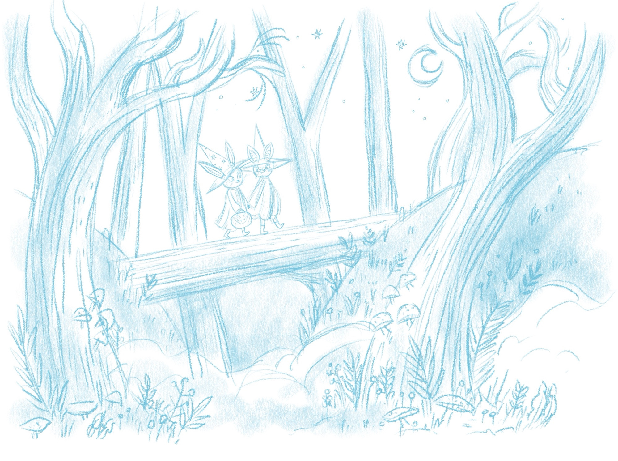 Sketch of rabbit & bat witches walking through a spooky forest at night