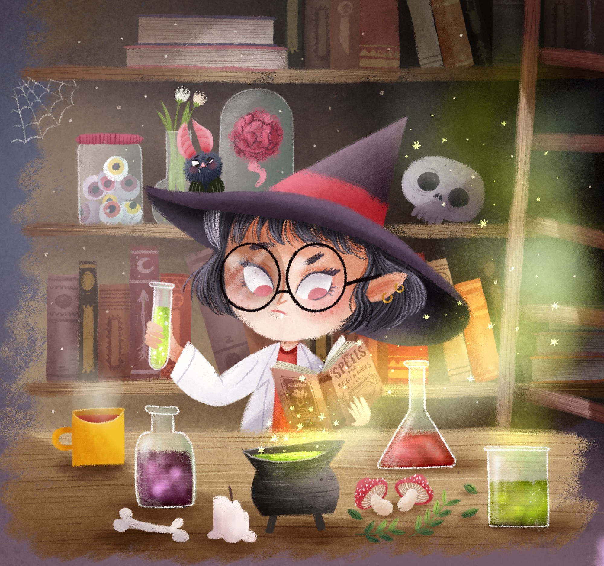 A vampire witch, dressed in a labcoat, making potions scientifically