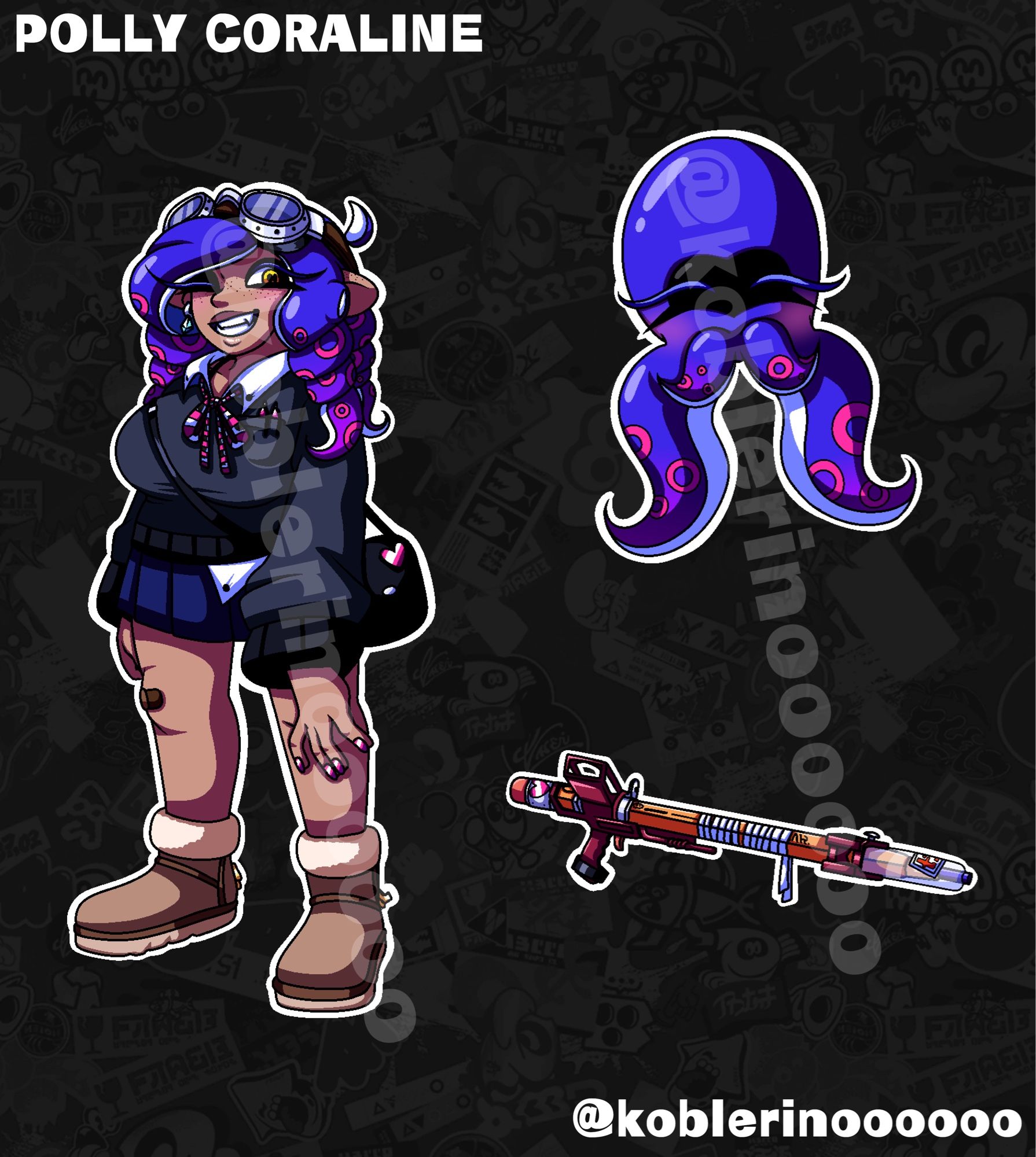 A drawing of an indigo Octoling OC, their swim form, and a Snipewriter 5B from Splatoon 3.