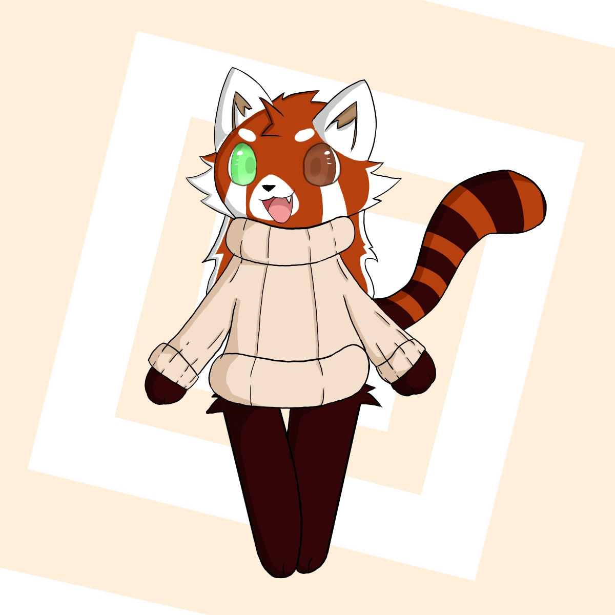 A red panda fursona with a sweater, also having heterochromia (green and light brown eyes)