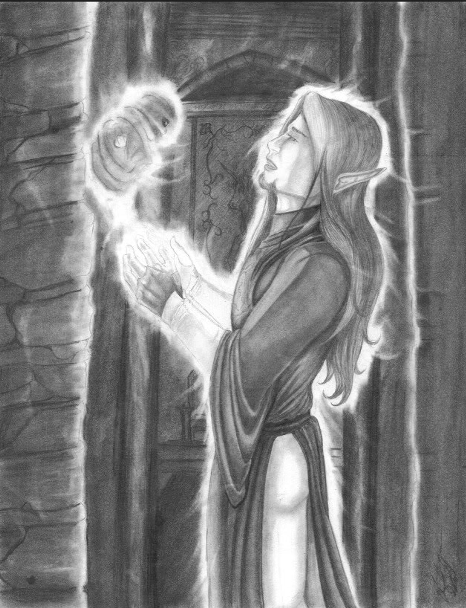 Pencil Illustration shows an elf named Theibrin standing faced towards the left. He is surrounded by a bright white aura and dressed in regal robes. He has long wavy, dark hair and has a finely trimmed goatee. His hands are before him engulfed in the same magic and between his hands, about a foot above them is an eerie looking figure, like a child in a swirl of magic grinning. Theibrin is smiling in this picture so whatever it is means no threat and is not evil. Behind Theibrin is a door leading into a temple.