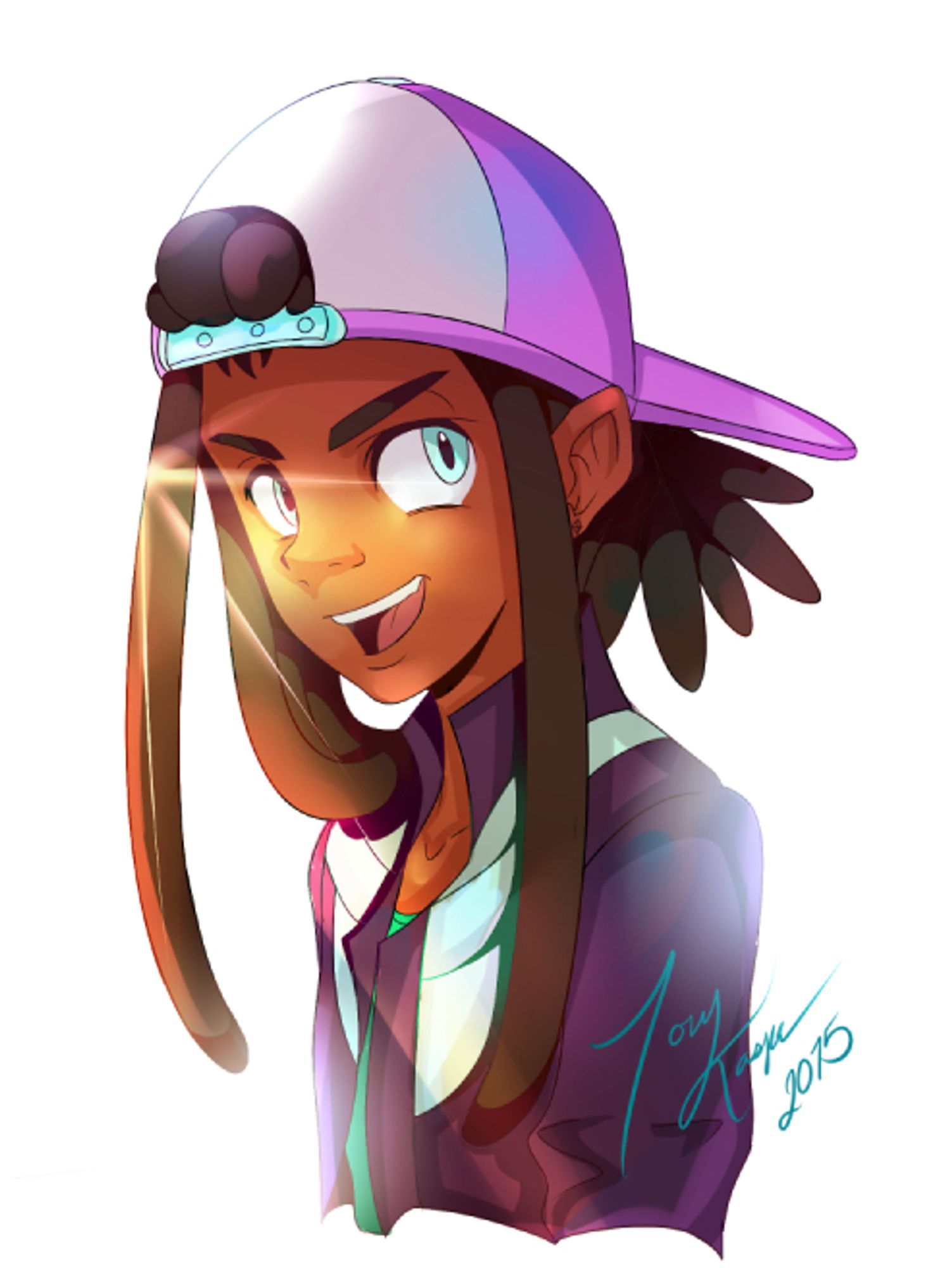 This image shows a highly stylized boy preparing for his pokemon journey! In this illustration we see Tory Kasper facing towards the left, decked out in a purple and aqua ballcap. He has long locs that are half tied back and he is wearing a matching purple and aqua jacket. Tory is smiling brightly and there is the indication of bright light behind him.