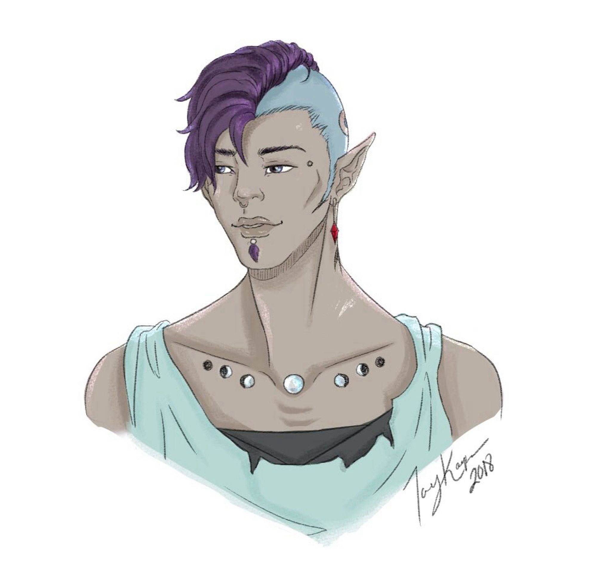 A portrait of a male elf staring slightly to the left. He has an undercut with dark violet and an under layer of light sky blue. He has a midtone grey complexion. He has the lunar cycle in pearlescent ink tattooed to his collarbone. 

Nathaniel is a transmasc male moon elf wizard. 

#illiztration #ocart #sketch