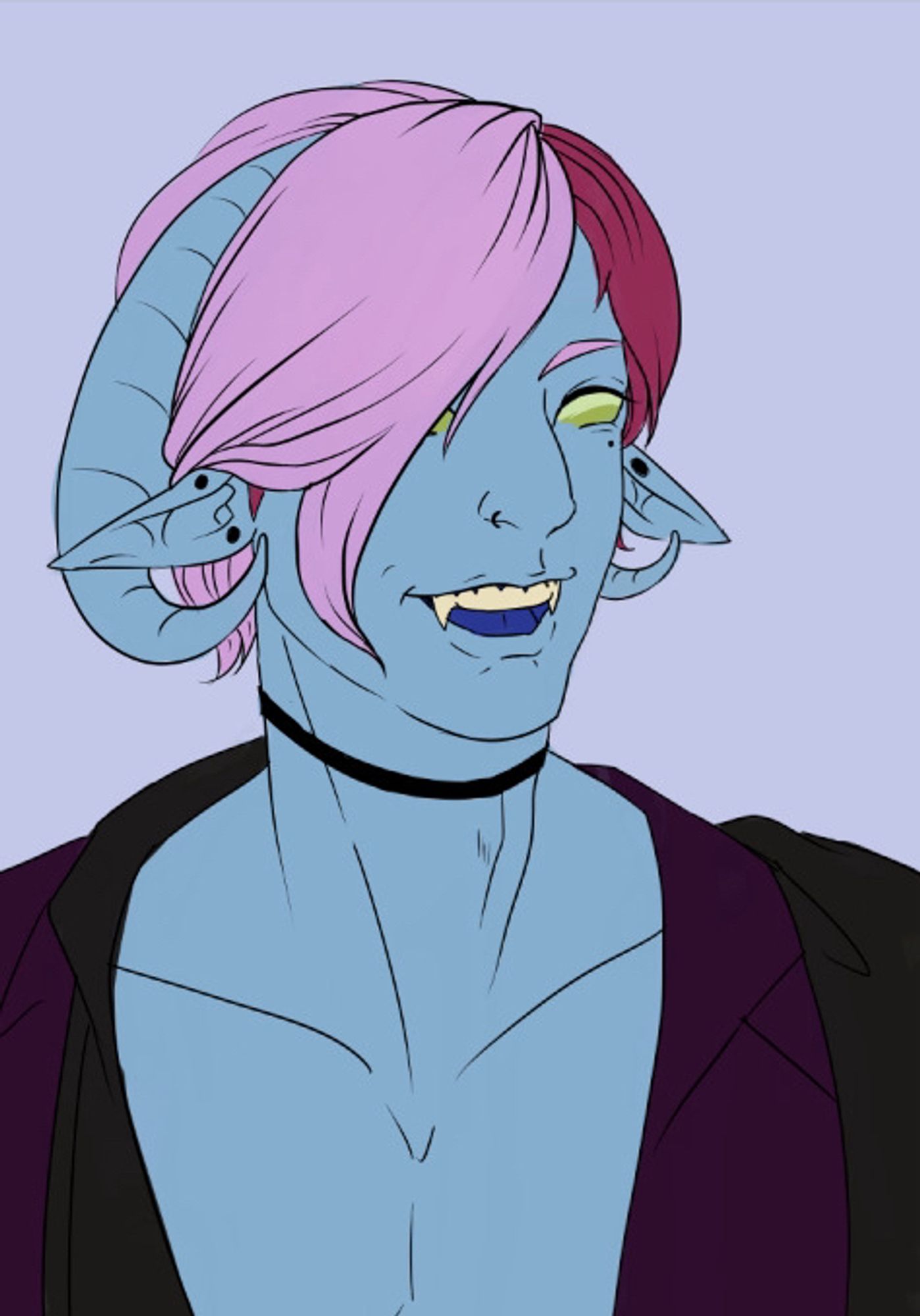 Atticus is a pale blue skinned tiefling with rounded horns that twist around his ears. He has a large smile as he’s facing towards the right, clearly in conversation with someone. Atticus has two tone pink hair, bubblegum pink bangs and dark magenta under layer. He’s wearing black and purple robes that show his chest. 

#illiztration #ocart