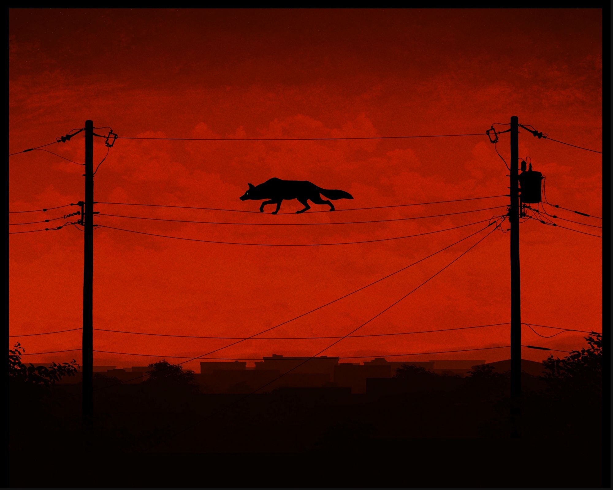 A coyote walks along a powerline over rooftops in silhouette, as though along a tightrope— the sky it is silhouetted against is blood red.