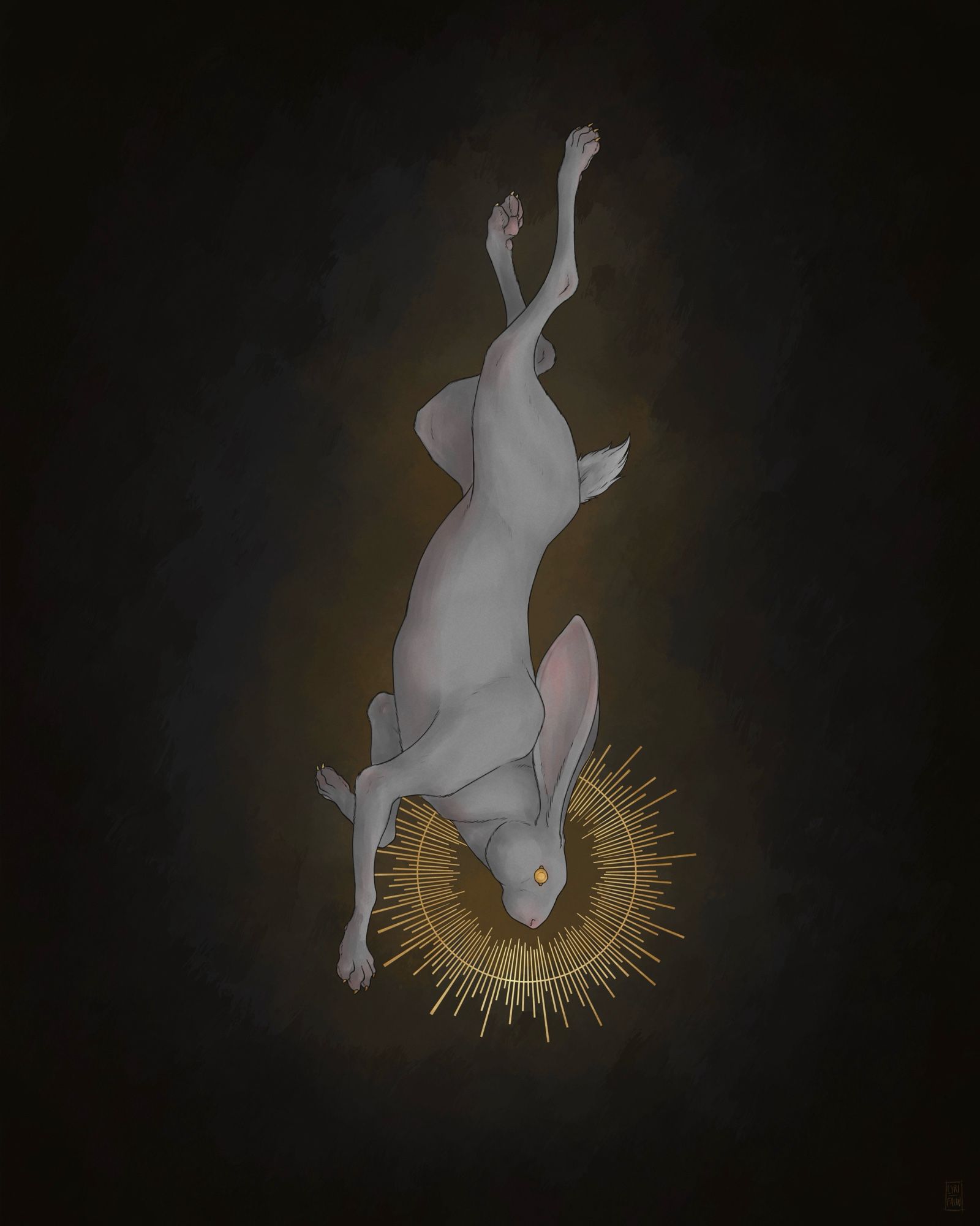 A white hare leaps or perhaps falls downward in a dark void, eyes and claws golden and head surrounded by a golden halo.