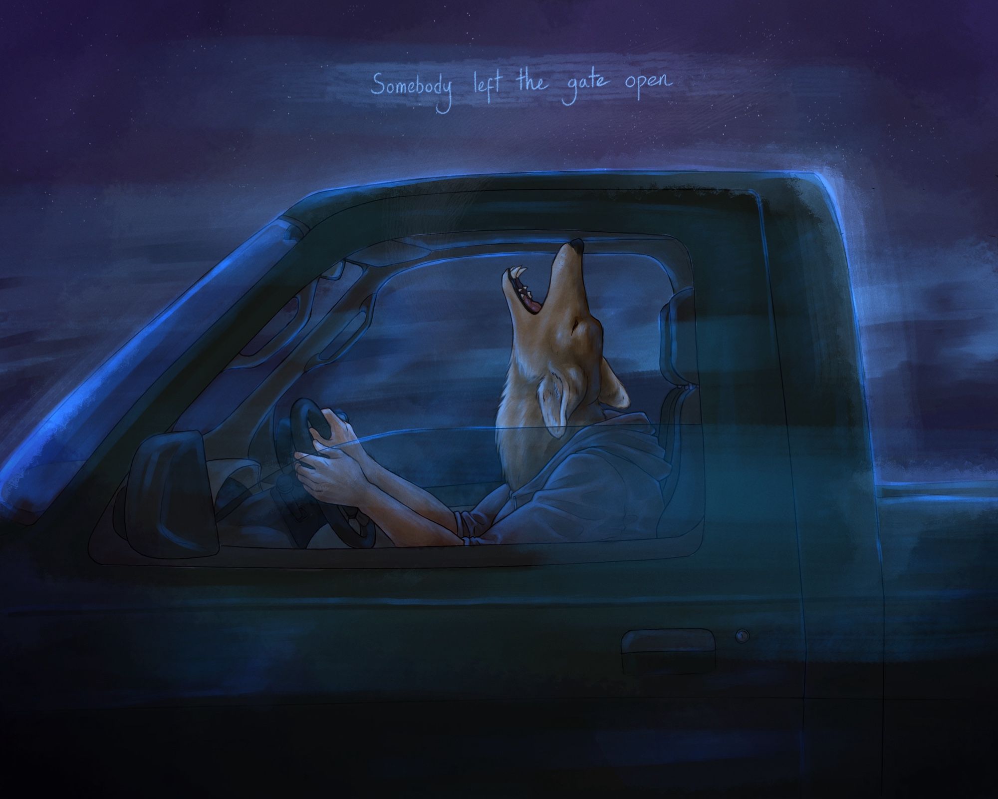 A green pickup truck speeds along through a dark blue and purple backdrop. Inside, a coyote-headed person leans their head back to sing along with the radio. Smoke drifts out the window and text reads “somebody left the gate open”