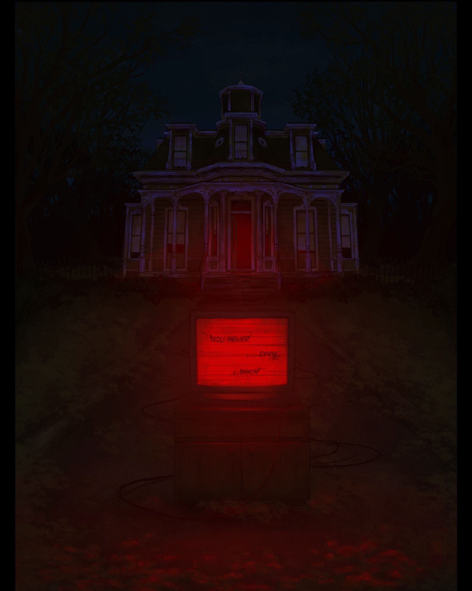 A tv screen, bright red, glows in the foreground, with glitched text reading “you never came back.” A long trail of wires snakes back behind it, into the front door of an old, decrepit house that looms in the dark behind.