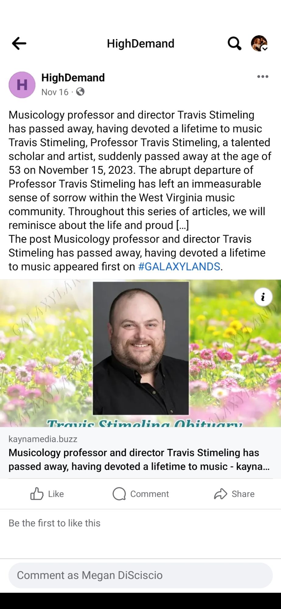 A screenshot of a Facebook post from a page called High Demand with a Chat GPT obituary, photo of Dr. Travis Stimeling and a link to a spam site.