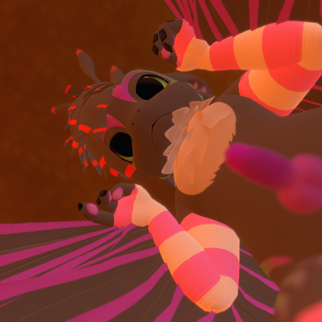 VRChat image of Talaka from below, with his penis out of focus