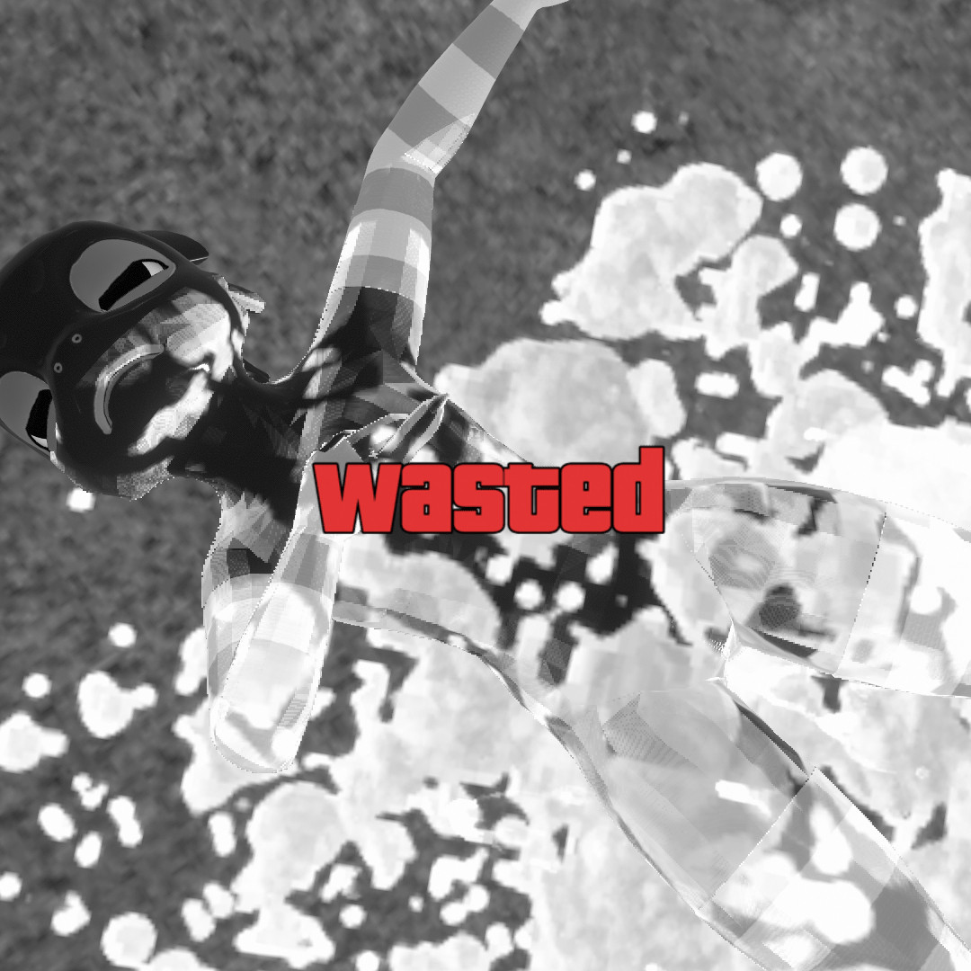 VRChat picture of Talaka lying down  in a rubber suit and pink/white arm and leg warmers, covered in cum. The image has been turned black and white with the Grand Theft Auto 'wasted' sign in the center