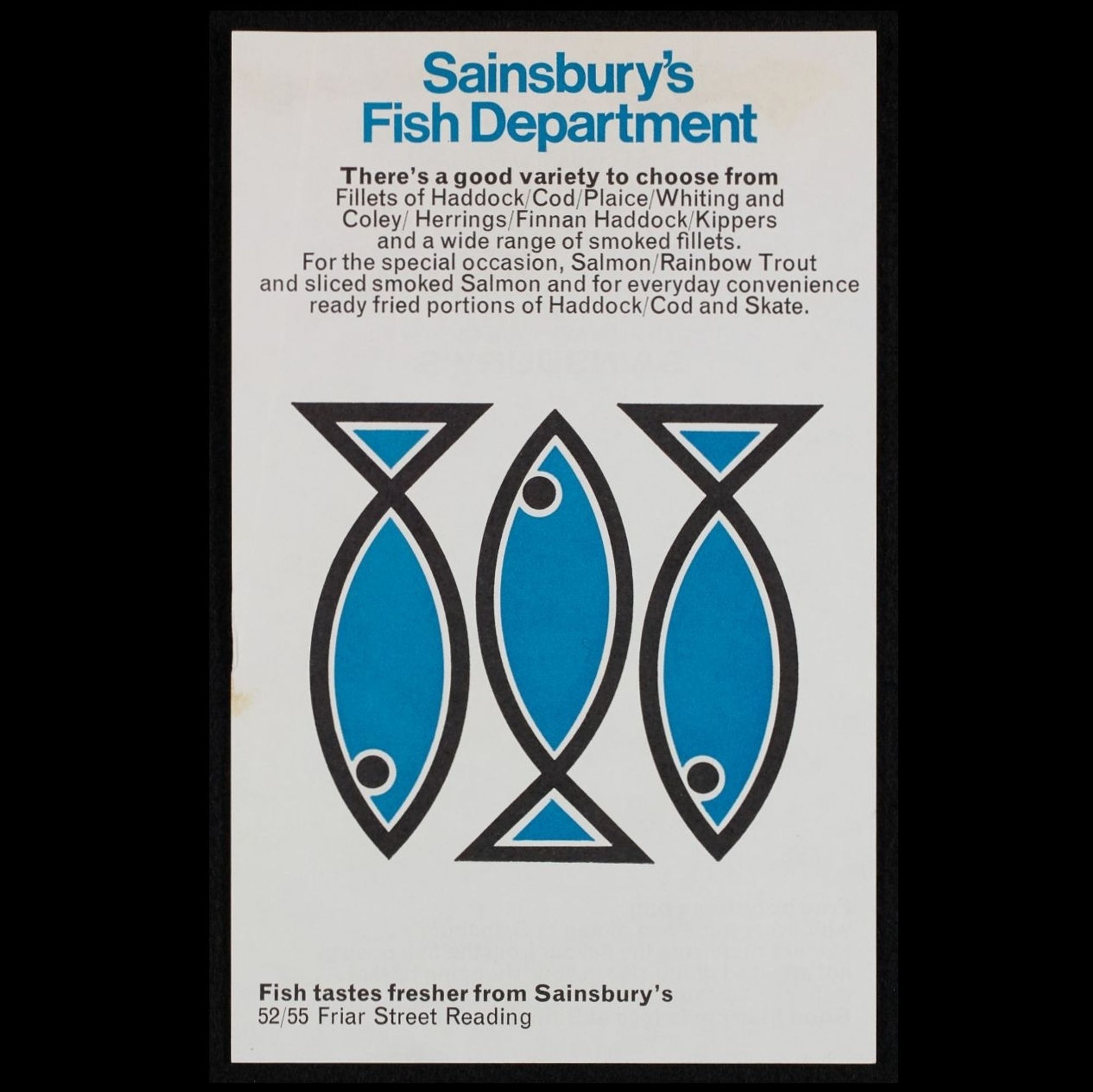 A flyer advertising Sainsbury's Fish Department with three fish drawn in minimalist style.