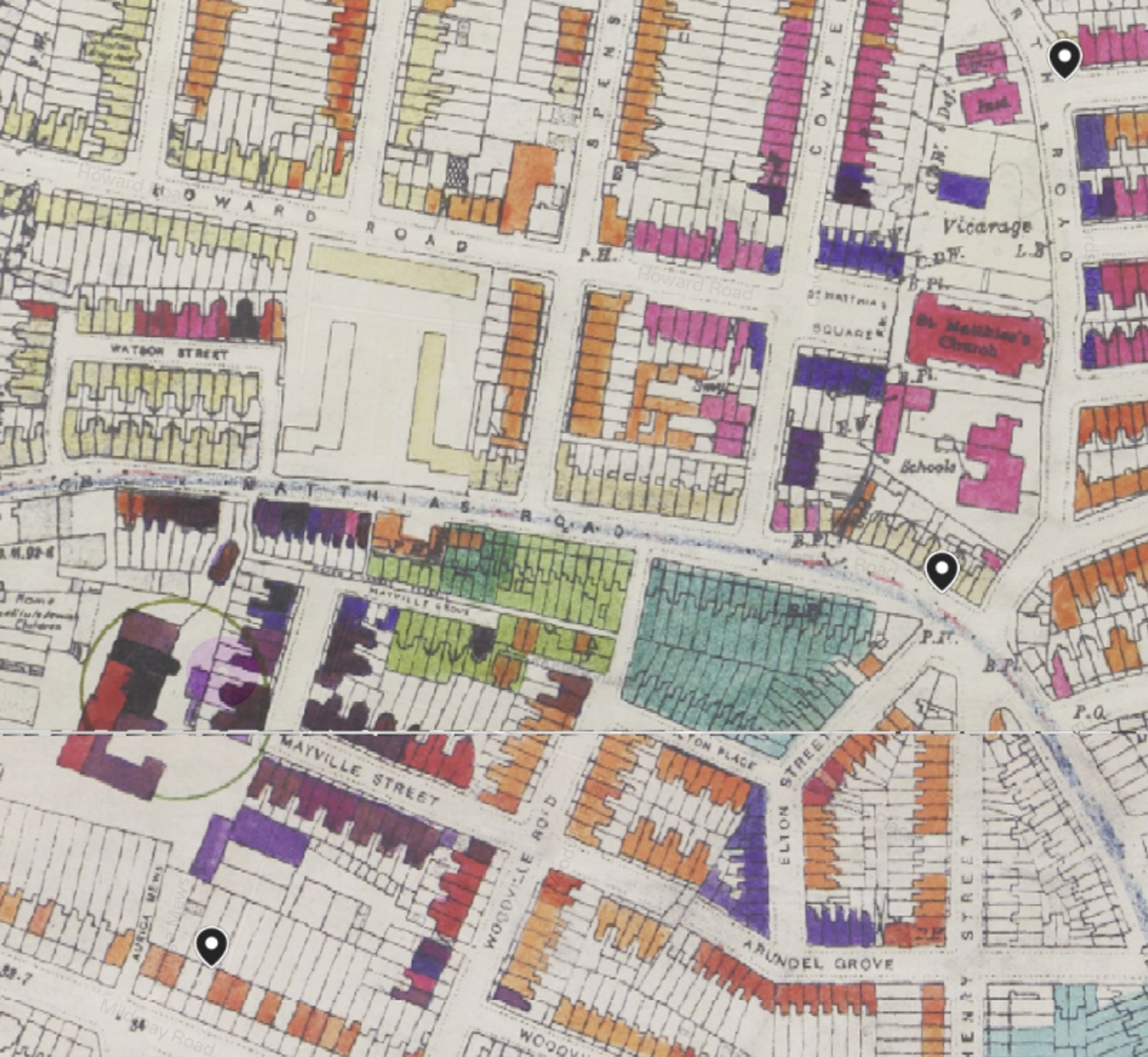 A map of London with degrees of bomb damage indicated by colour.