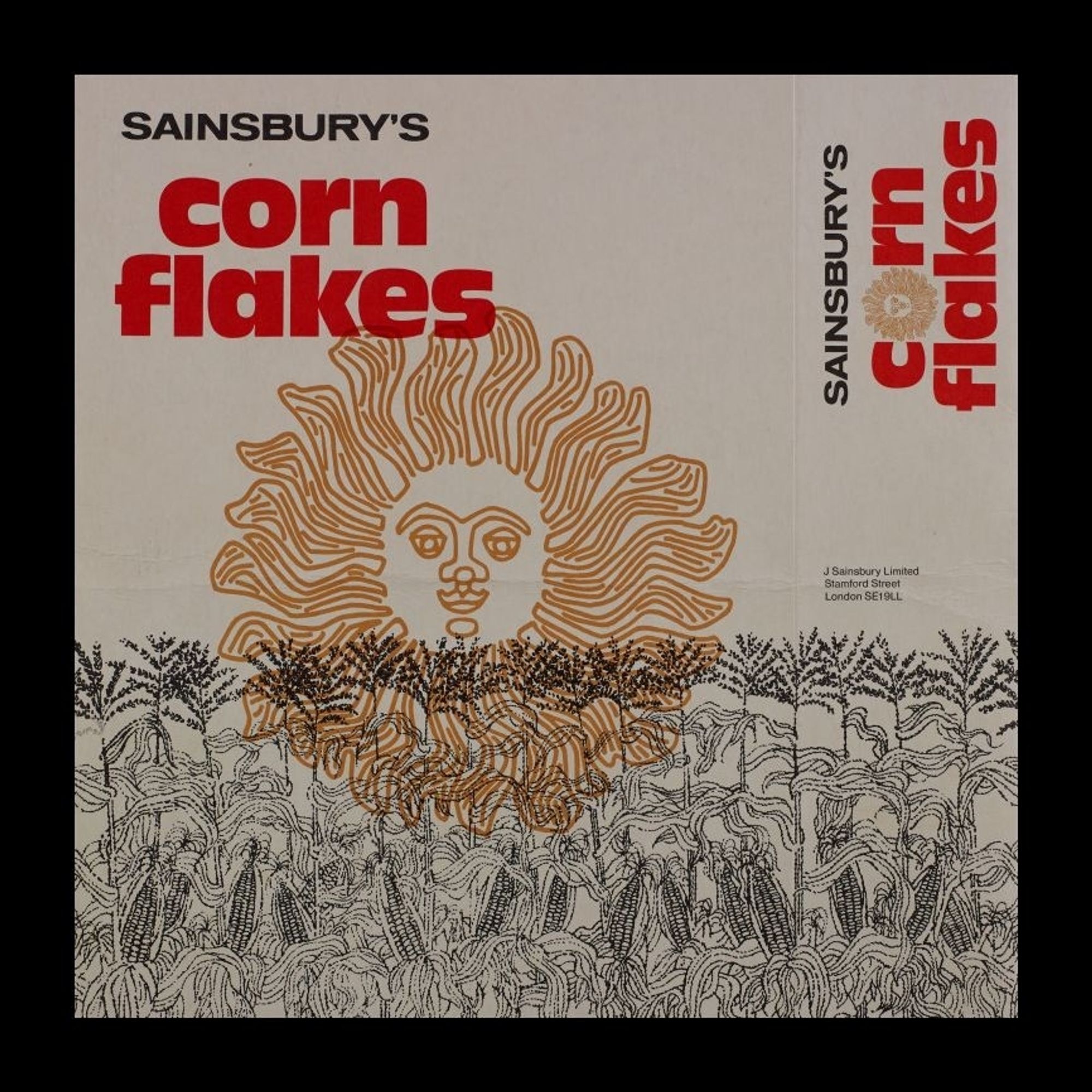 The illustration from a packet of own-brand cornflakes that looks like something from The Wicker Man – a pagan sun with an enigmatic face rising above a field of corn.