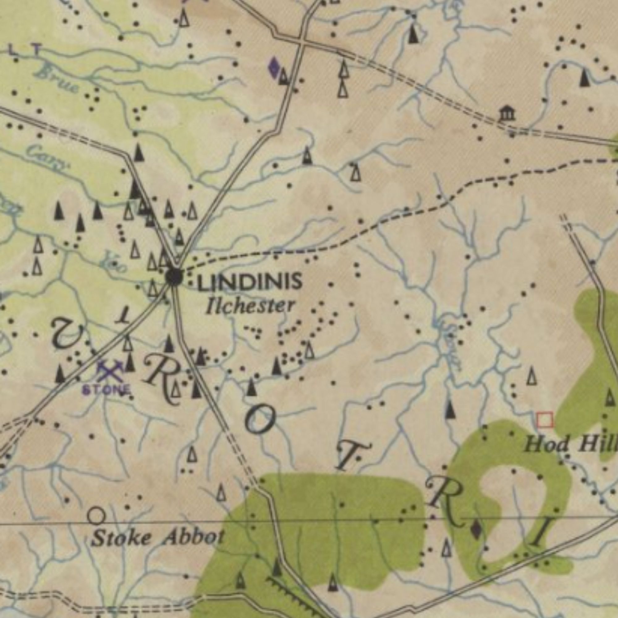 A detail from a modern style map of Roman Britain with Lindinis (Ilchester) marked as the meeting point of several roads.