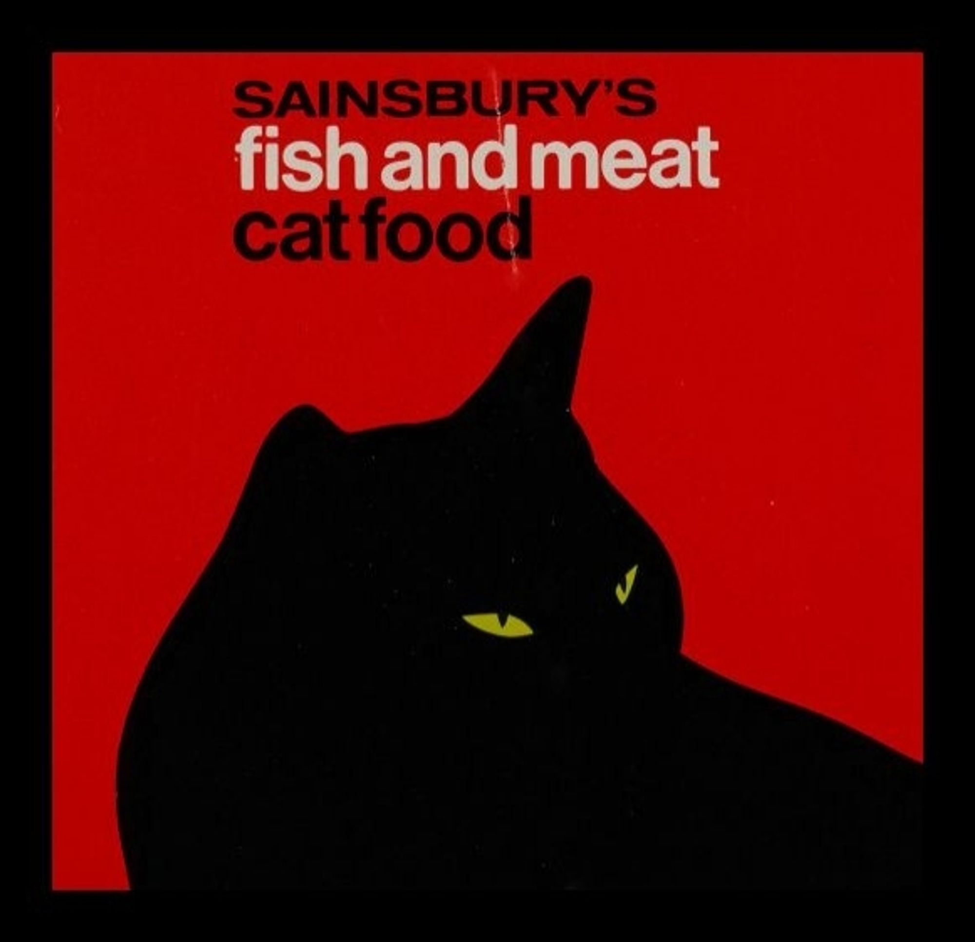 A detail from a cat food level with a black cat in silhouette, its eyes narrowed menacingly. The background is blood red. The text is in something like Helvetica.