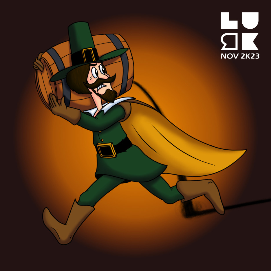 Guy Fawkes looks back as he runs while slinging a barrel over his shoulder that spills a trail of gunpowder onto the floor