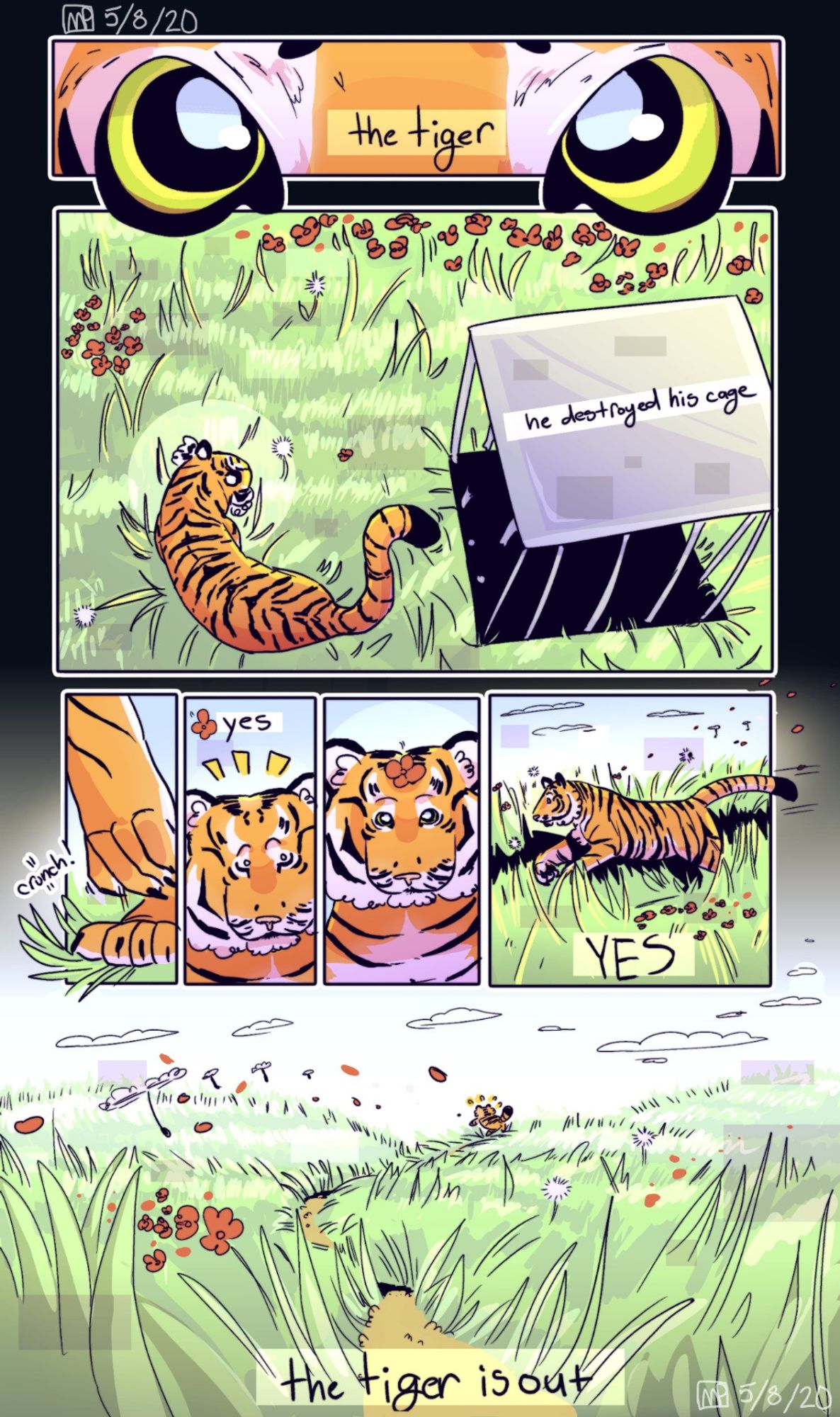 a comic illustrating Nael's poem The Tiger, in which a tiger escapes a cage, is startled and enchanted by grass and flowers, and races off into the distance.