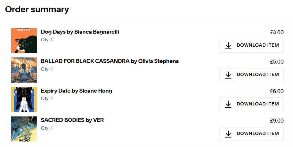 Order summary: 
- Dog Days by Bianca Bagnarelli
- BALLAD FOR BLACK CASSANDRA by Olivia Stephens
- Expiry Date by Sloane Hong
- SACRED BODIES by VER