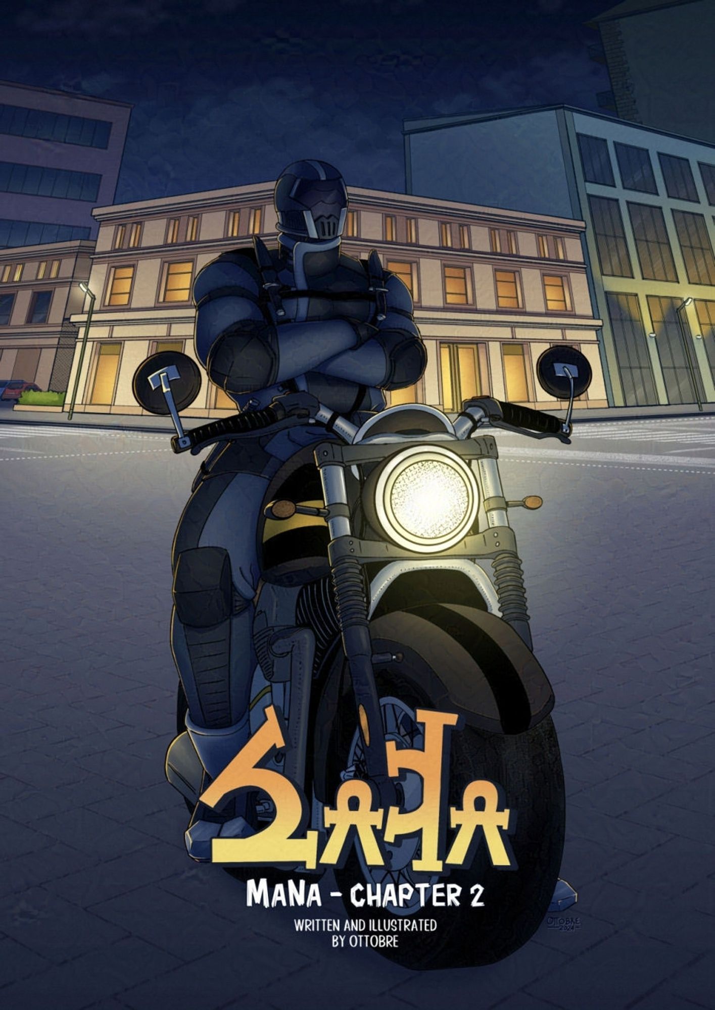 Cover of the chapter 2 of MaNa. A big dude with an helmet on a motorcycle. MaNa - chapter 2, written and illustrated by Ottobre.